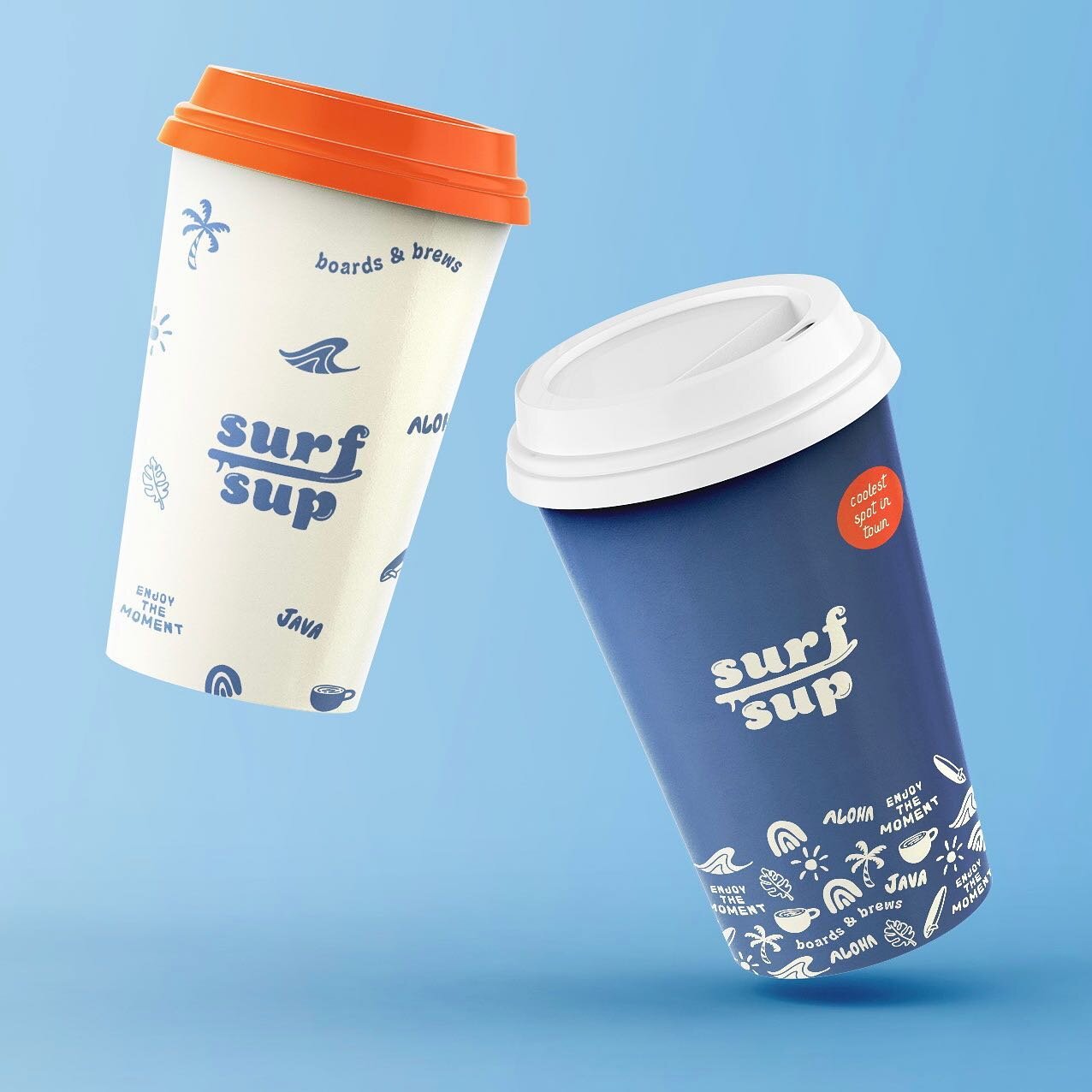 Takeaway cup and menu design for cafe and paddle board shop, SURF SUP 🌊 We&rsquo;ve got some surfer vibes, some retro vibes and a bold and vivid colour palette that&rsquo;s full of energy 💫 We particularly loved illustrating the custom brand patter