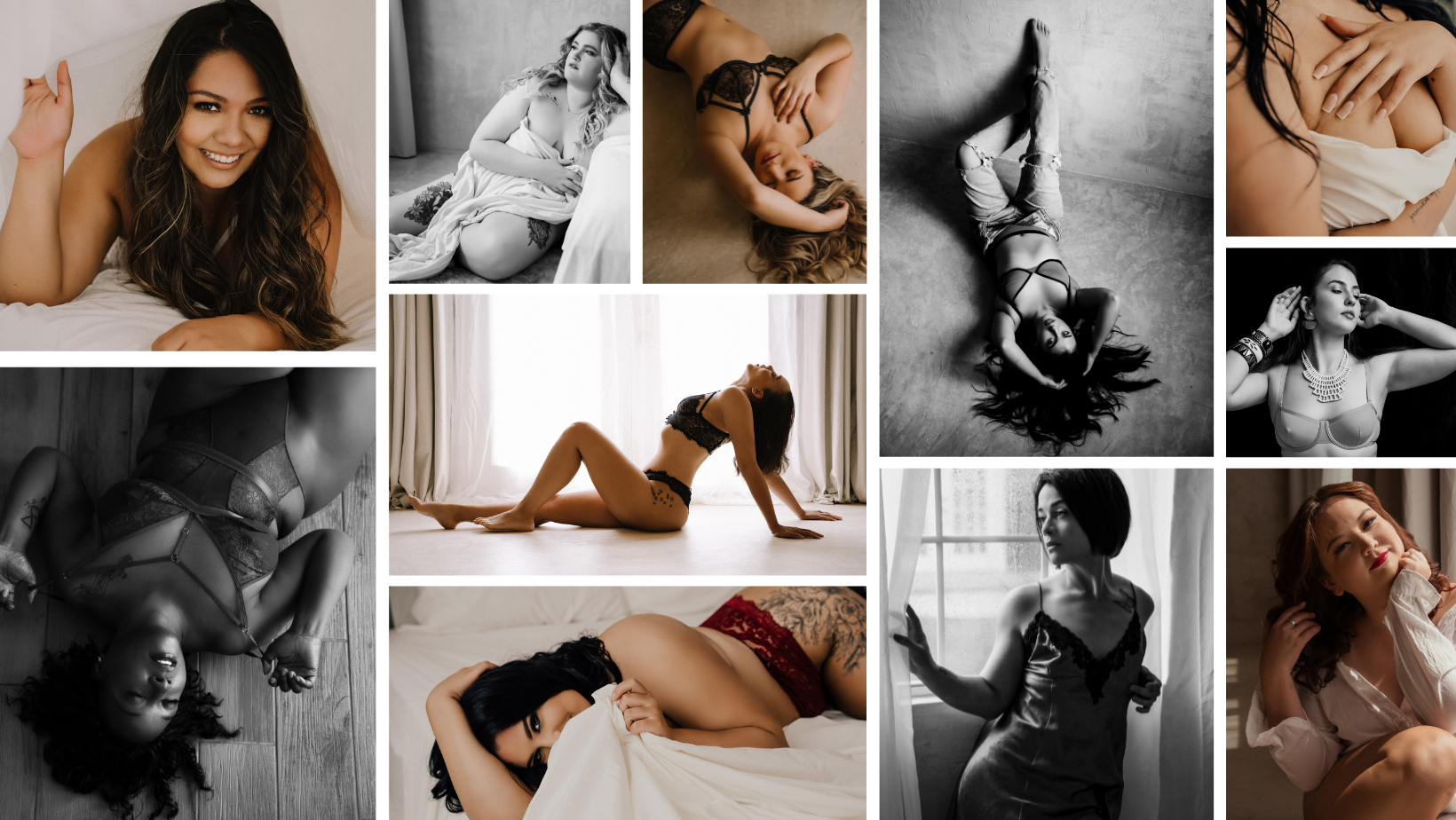 a collage of black and white as well as color boudoir portraits that are moody and classy. All are shot with natural light at our all female staffed Round Rock, TX studio.