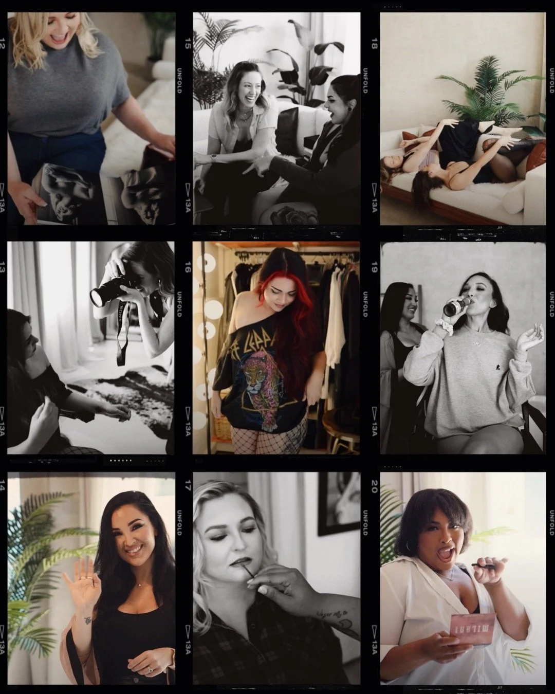 a collage of behind the scenes moments from sessions at Chrissy René Studios with clients having a great time and laughing and posing. They're getting their makeup done and looking at their luxury photo albums.