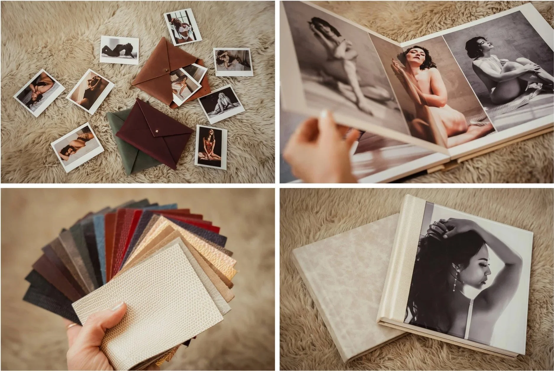 Luxury boudoir photo albums with acrylic covers and genuine leather with perfect for gifting polaroids in genuine leather envelopes for Austin, TX brides and anniversary boudoir gift