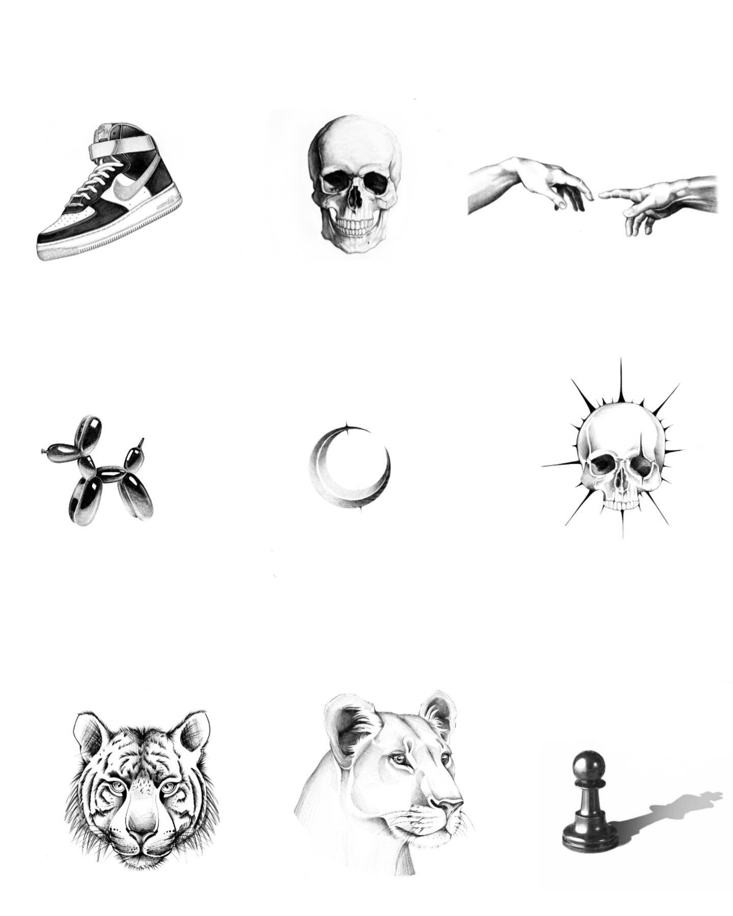 Micro Tattoos!!! 
⚡️
We&rsquo;re tattooing these designs &lsquo;golf ball size&rsquo; or a little smaller and have time next week (Tuesday-Saturday).
⚡️
If you&rsquo;re interested in any of these and would like to make an appointment, just shoot us a