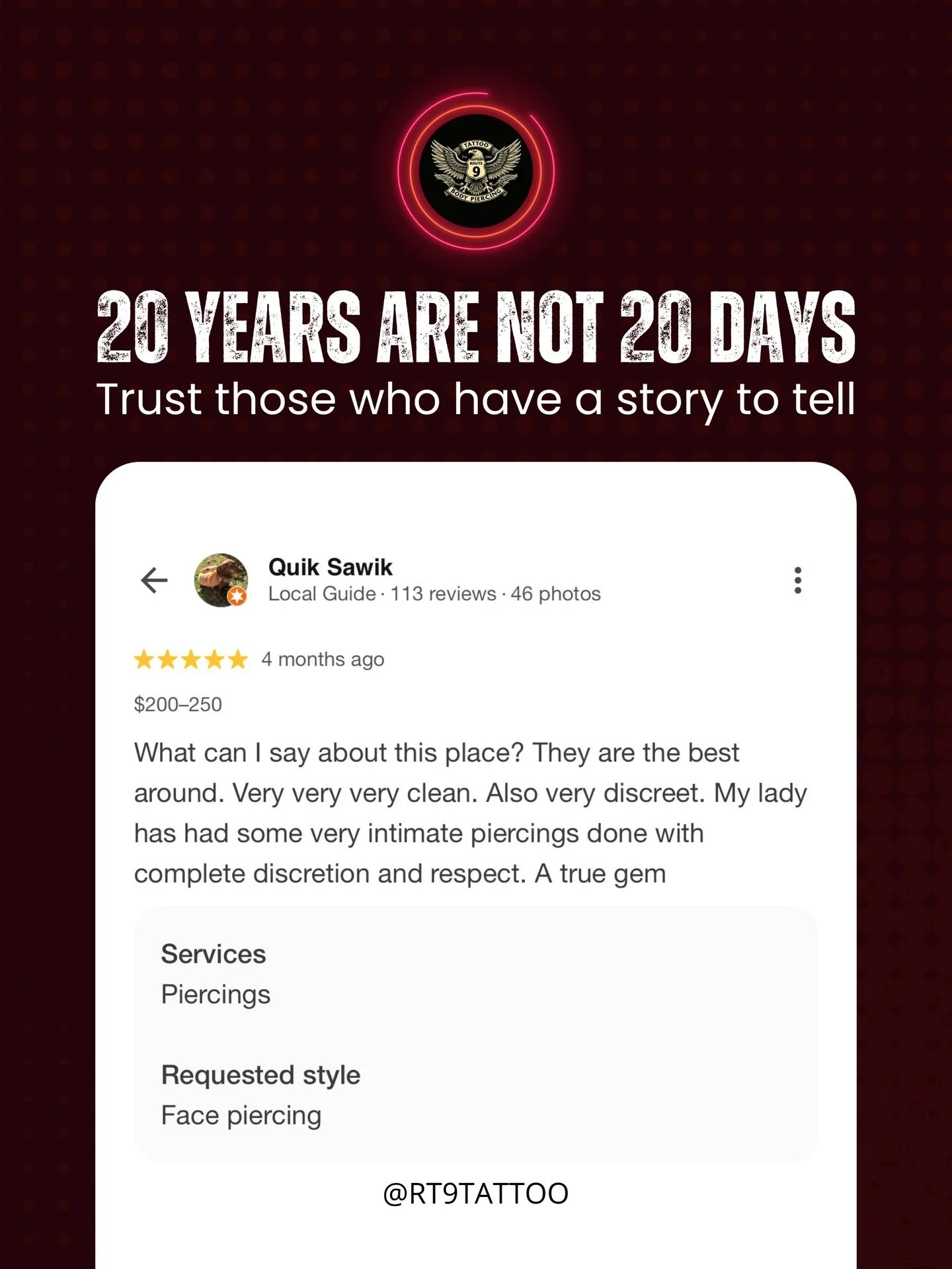 20 years are not 20 days.
Trust isn&rsquo;t built overnight it comes from care, respect, and a long story worth telling.

This review is a reminder that @rt9tattoo is more than just ink or piercings.
It&rsquo;s a space where professionalism meets dis