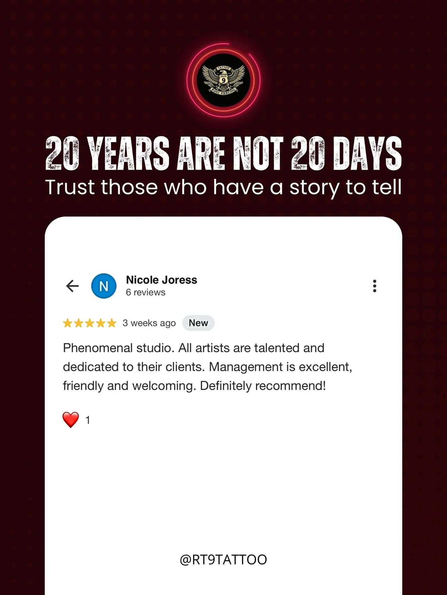20 years are not 20 days.
Trust is built over time with consistency, care, and a team that truly shows up for every client.
Thank you, Nicole, for recognizing what makes @rt9tattoo special: talent, dedication, and real connection.
We&rsquo;re here to