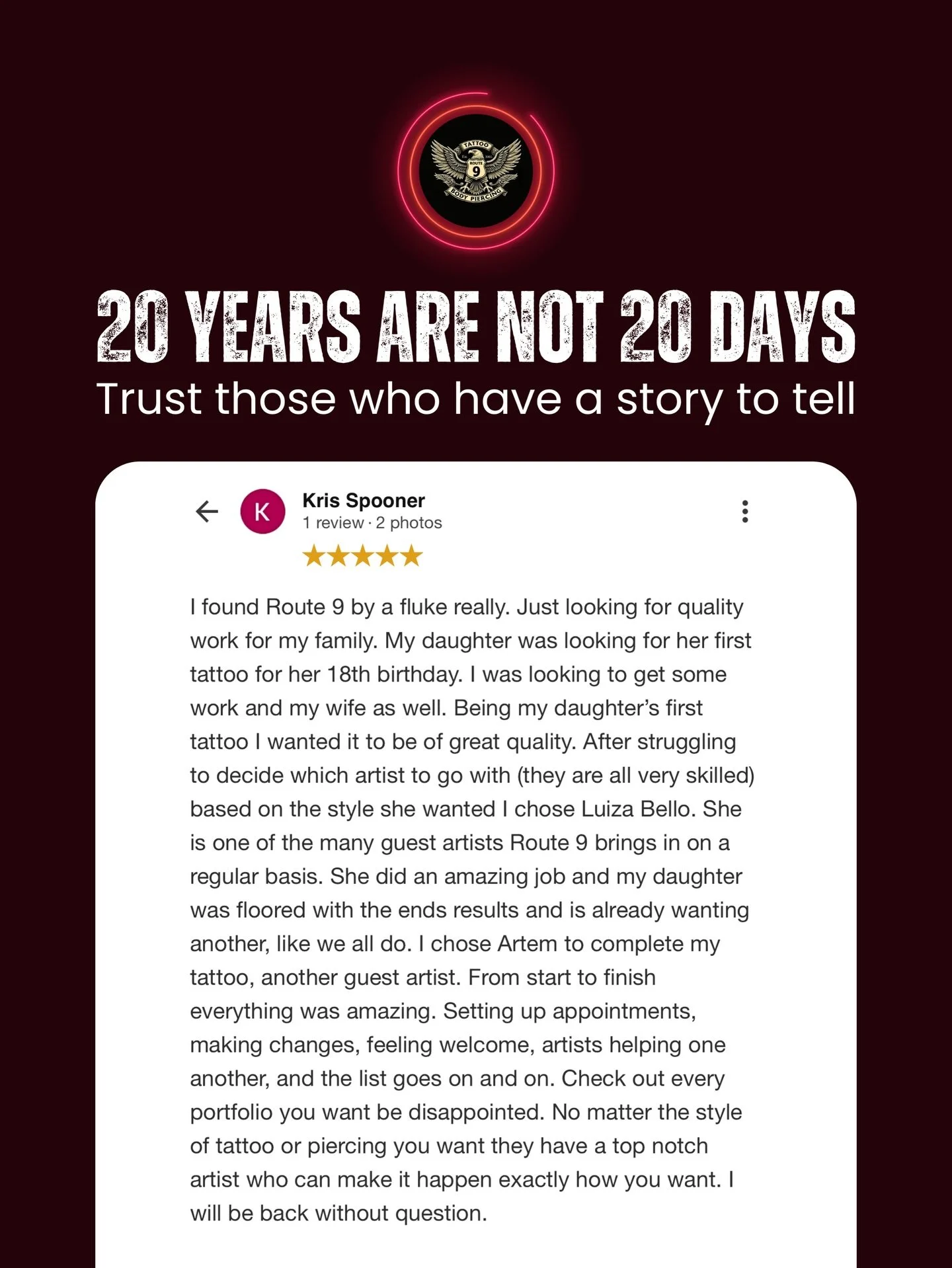 This review says it all at @rt9tattoo , we care about quality, hospitality, and a team of skilled artists ready to turn your ideas into real art. 

From a daughter&rsquo;s first tattoo to returning for more, from choosing the perfect artist like @lui