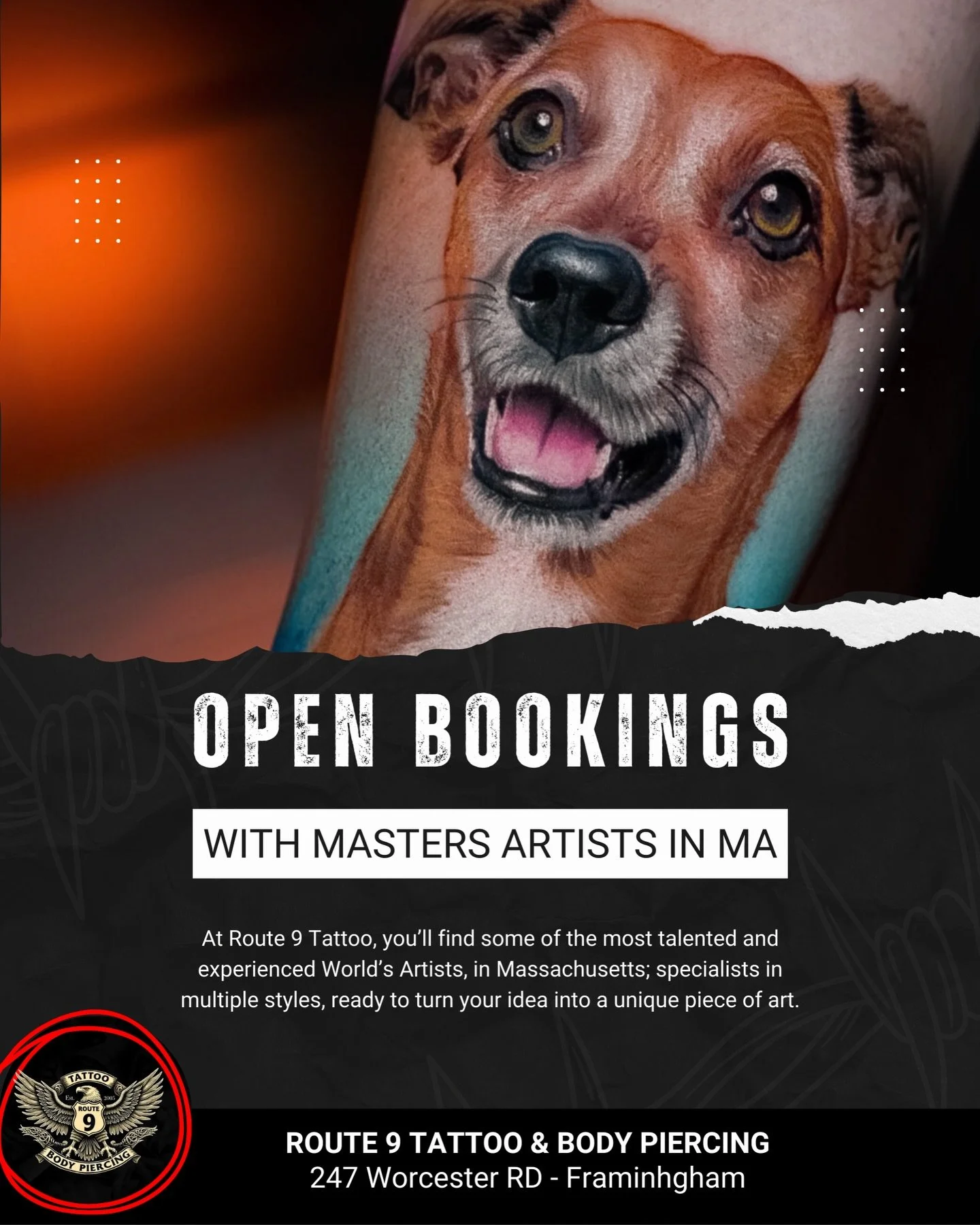 Open bookings with master artists in Massachusetts. 🎨🔥

At Route 9 Tattoo, experience meets creativity. Our team is made up of highly skilled artists specializing in multiple styles from color realism to fine line, black &amp; gray, anime, traditio