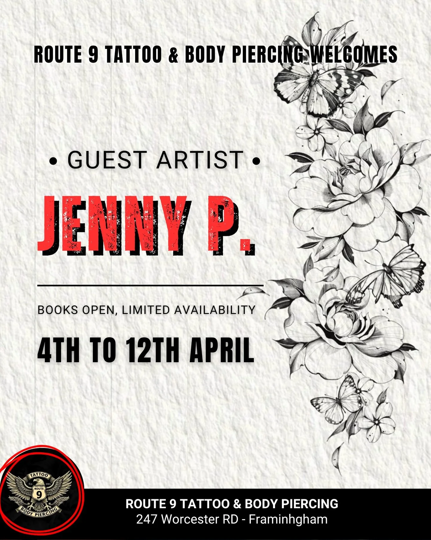 We&rsquo;re excited to welcome guest artist @jennyp_tattoo to @rt9tattoo for a limited time, from April 4th to April 12th.

@jennyp_tattoo specializes in floral, botanical, and fine line tattoos, bringing a delicate, elegant style and strong artistic