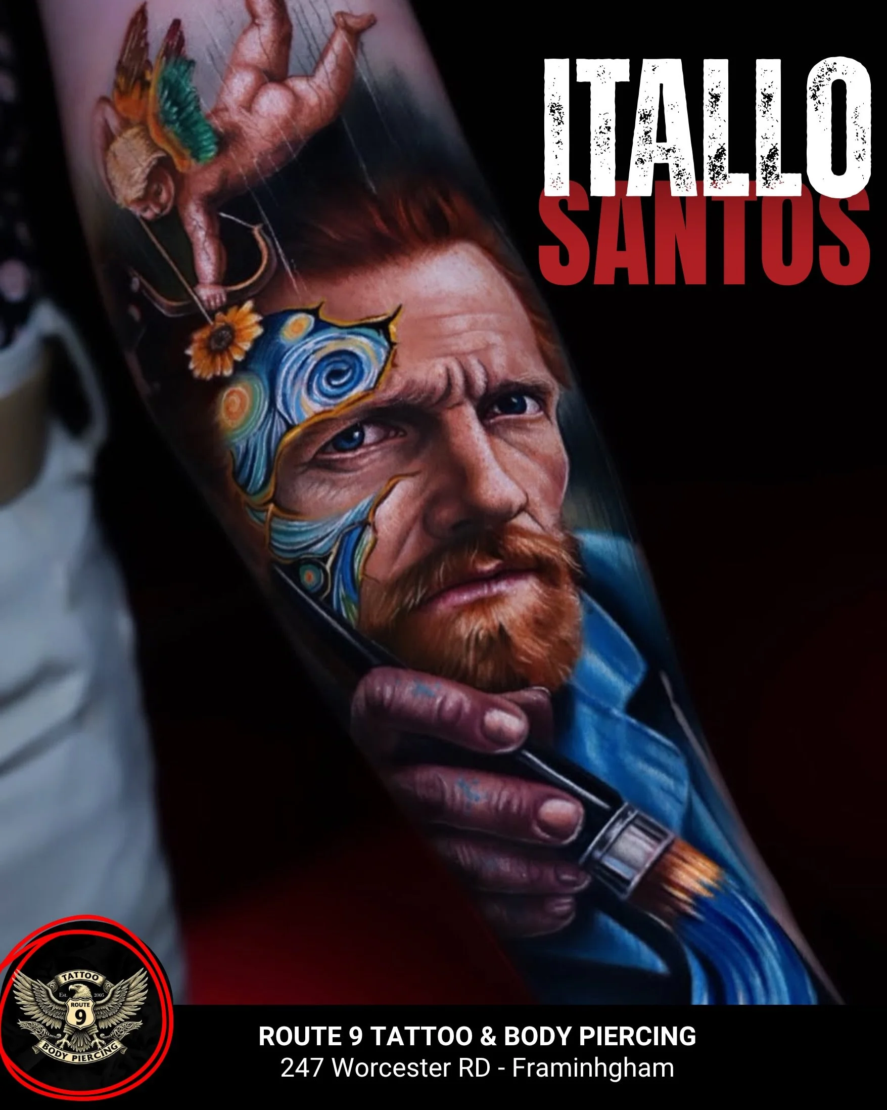A stunning tribute to Vincent van Gogh by @itallosantostattoo blending hyper-realistic portraiture, vibrant color realism, and symbolic elements into a single composition. Every detail was carefully designed to create movement, emotion, and depth, tr