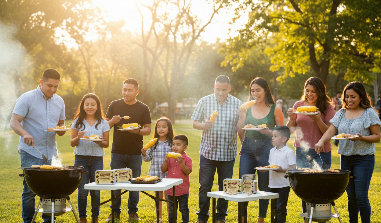 Gather familia and smoke up our spices into smoke and lay it on thick for perfectly cooked picnic street corn. 