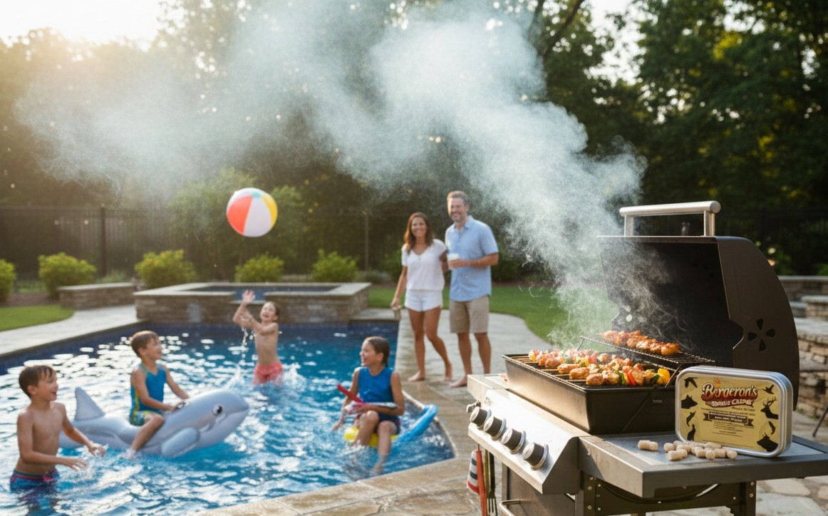 Smell that smoke flowing over the pool. That'll get the kids out and ready to eat.