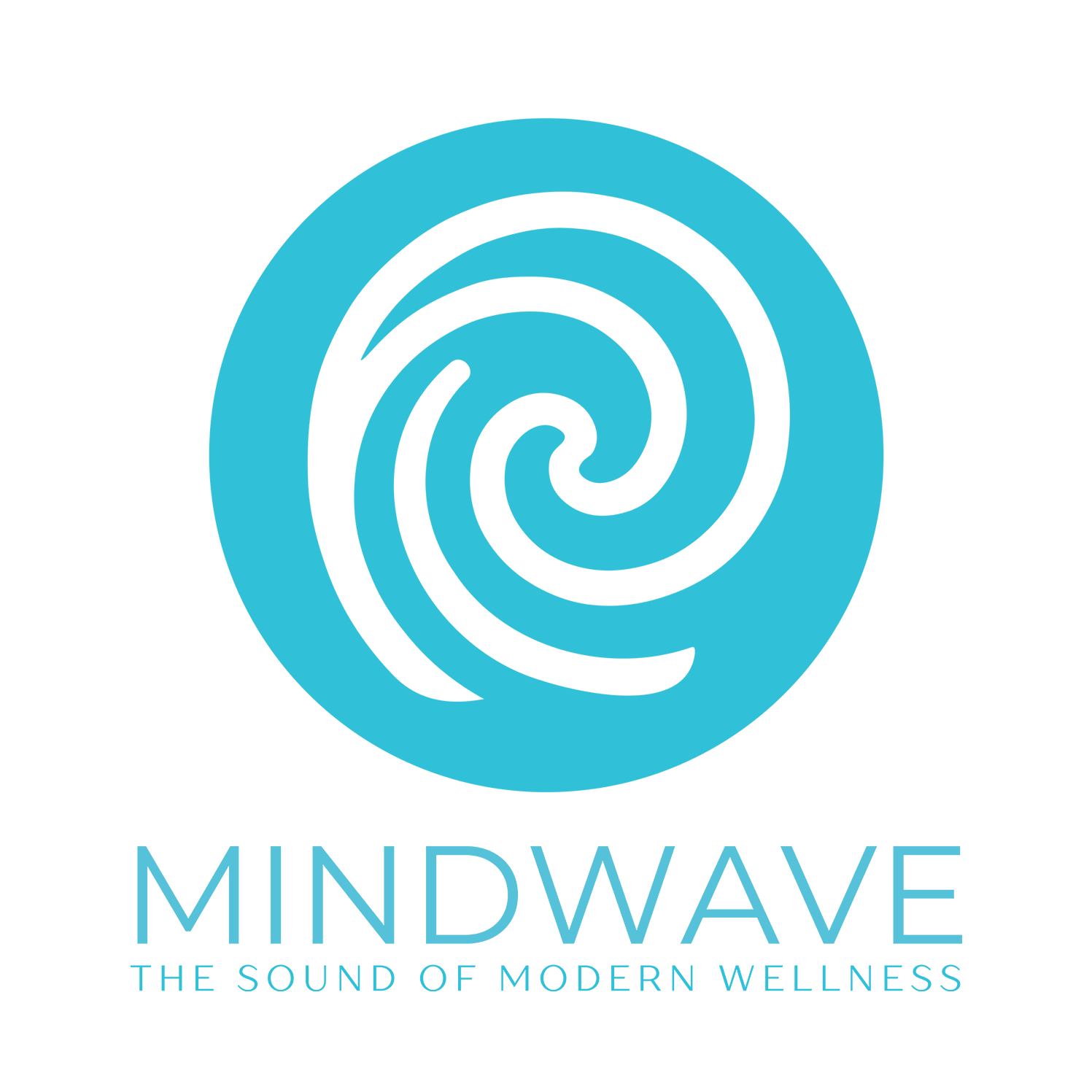 A circular logo with a swirling pattern in shades of blue above the text 'MINDWAVE' and the tagline 'The Sound of Modern Wellness'.
