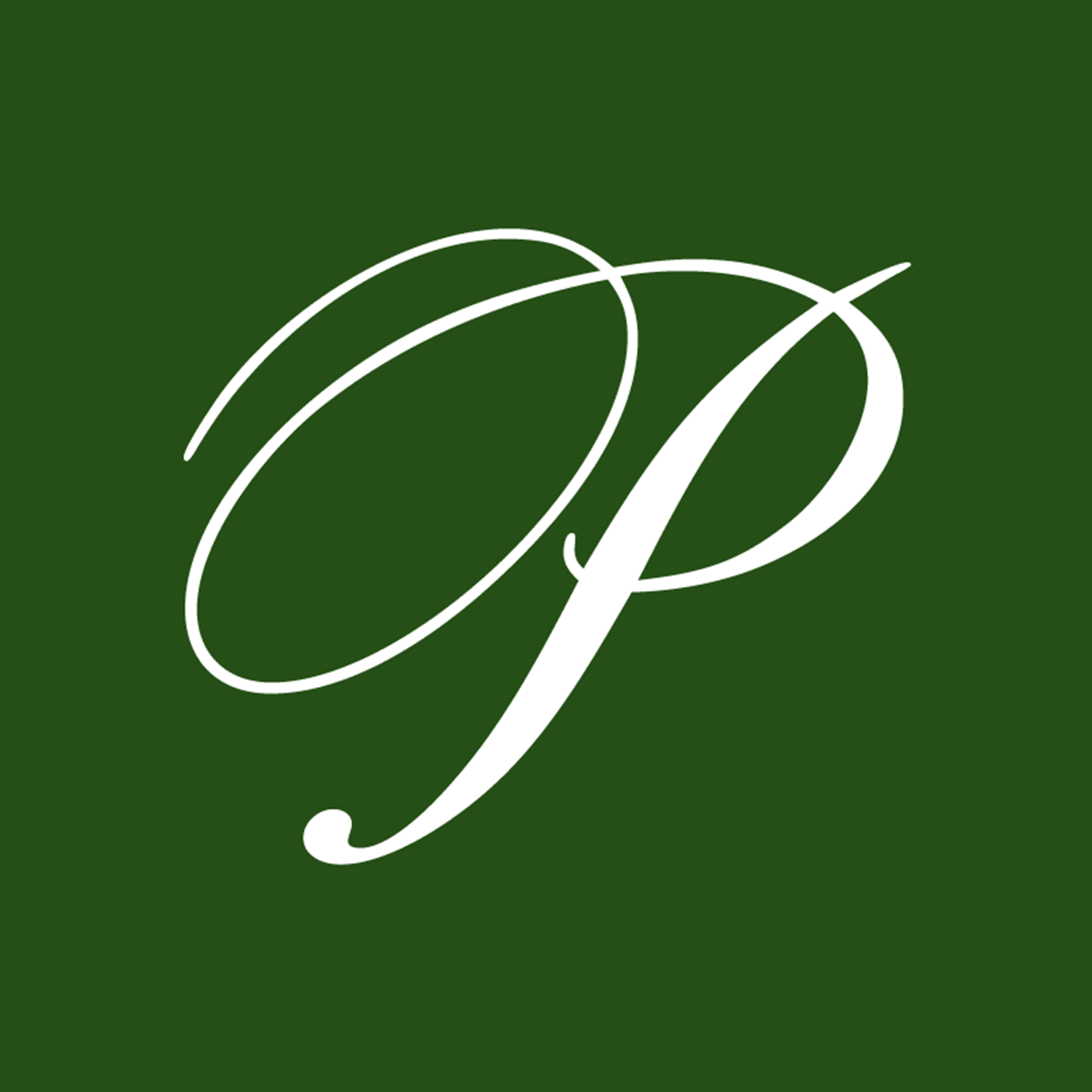 Elegant white script letter 'P' on dark green background.
