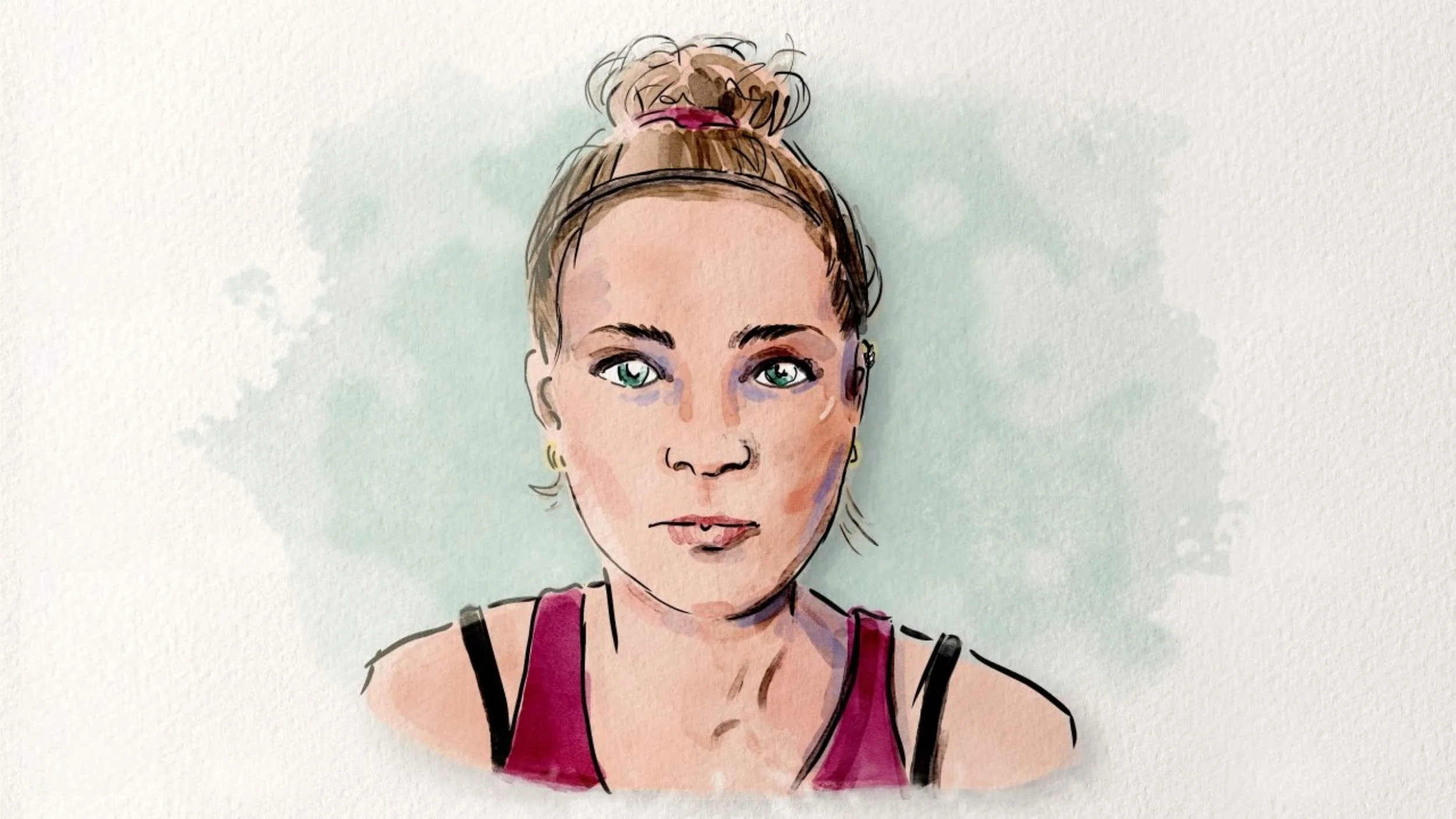 A watercolor-style illustration of a woman with a bun, headband, and pink top, looking directly forward.