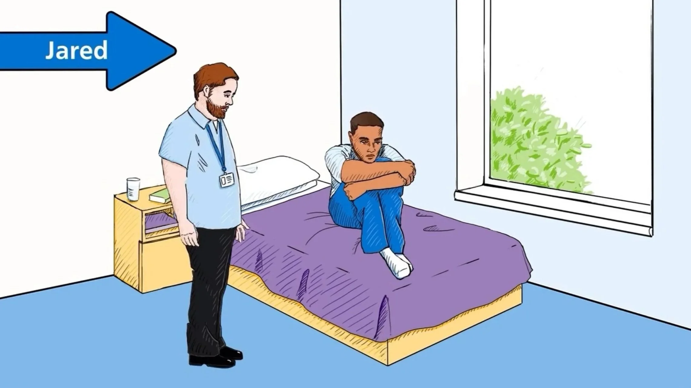 A man sits curled up on a bed, looking upset, while another man stands nearby in a bedroom with a window.