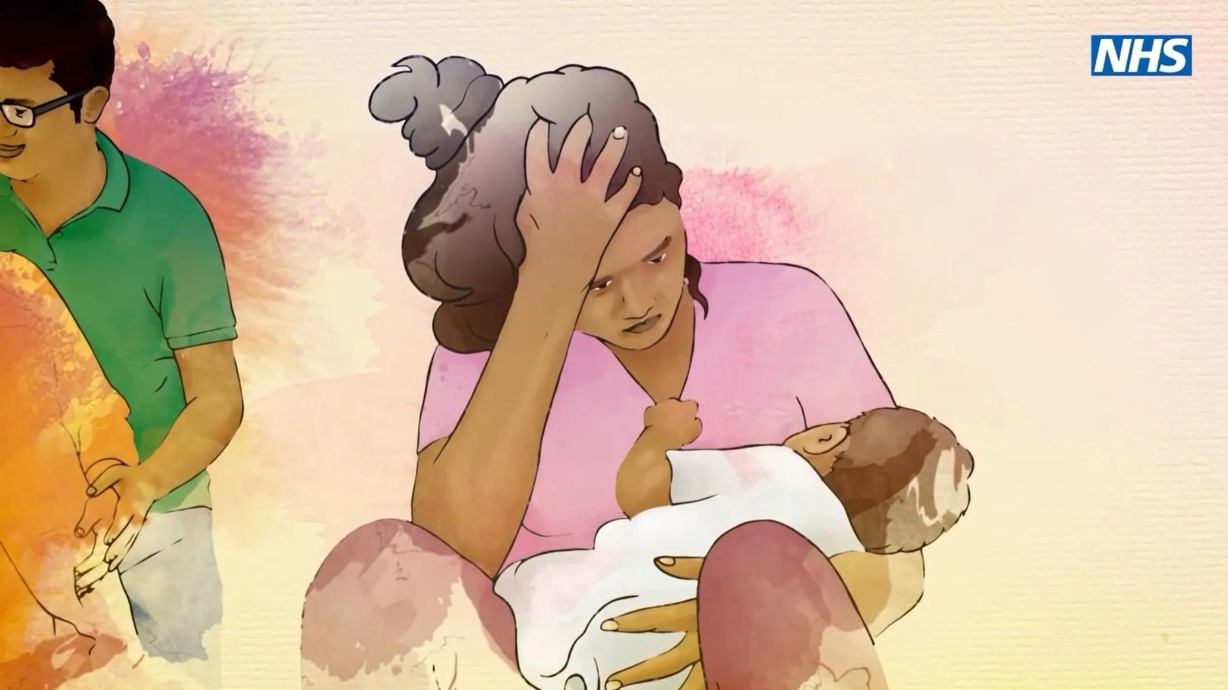 Illustration of a distressed woman breastfeeding a baby, with an NHS logo in the corner and a person in the background.