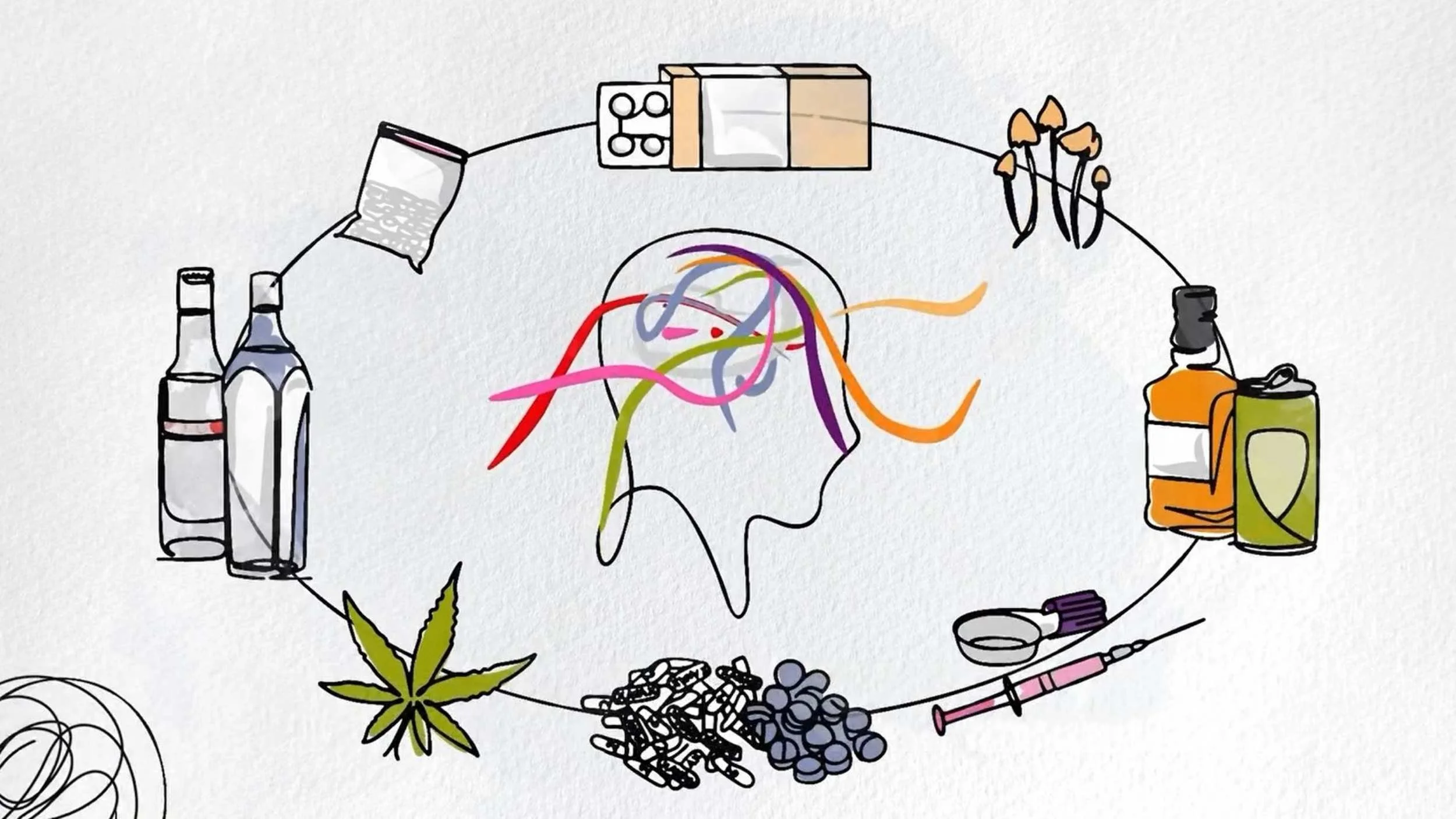 Line art of a head surrounded by various drug illustrations, including pills, needles, cannabis, mushrooms, and alcohol bottles.