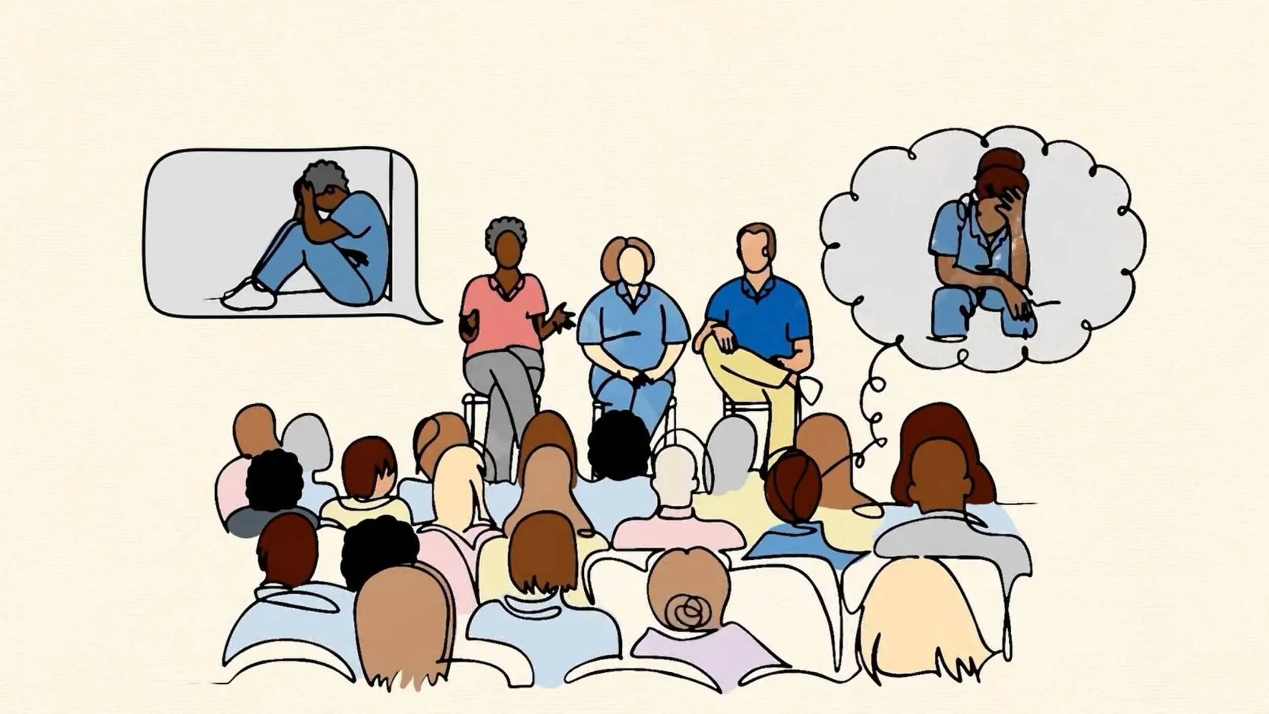 Illustration of three speakers addressing an audience, discussing mental health, with thought bubbles showing a person feeling distressed.