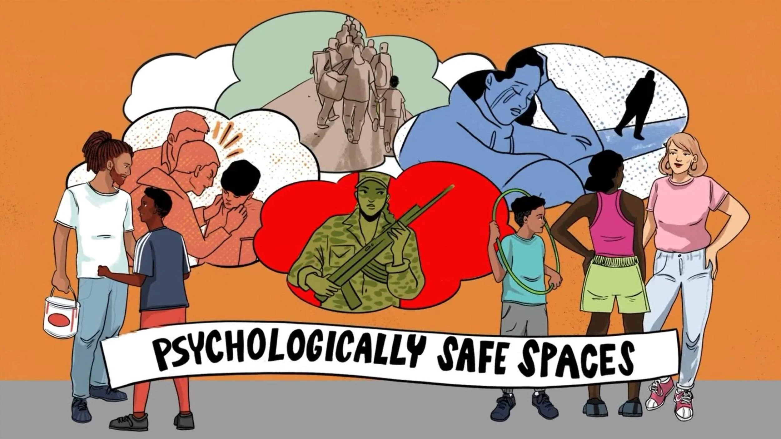Illustration of diverse people and kids, with thought clouds showing stress, conflict, and hope, captioned Psychologically Safe Spaces.