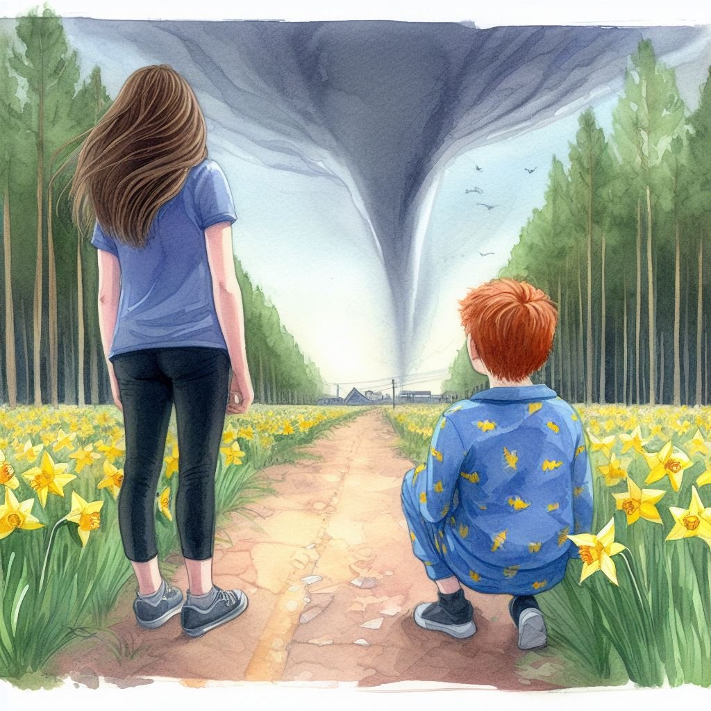 Cassie and Zag observe a tornado from a safe distance