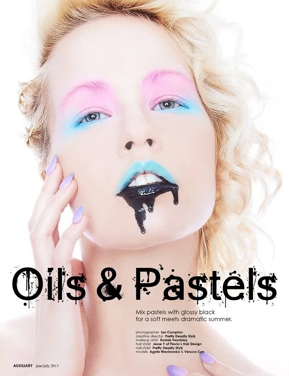 Oils & Pastels Editorial with Auxiliary Magazine
photographer : Ian Compton
creative director : Pretty Deadly Stylz
makeup artist : Ronnie Tremblay
hair stylist : Jesse Y of Flavio’s Hair Design
nail stylist : Pretty Deadly Stylz
models : Agata Wacla