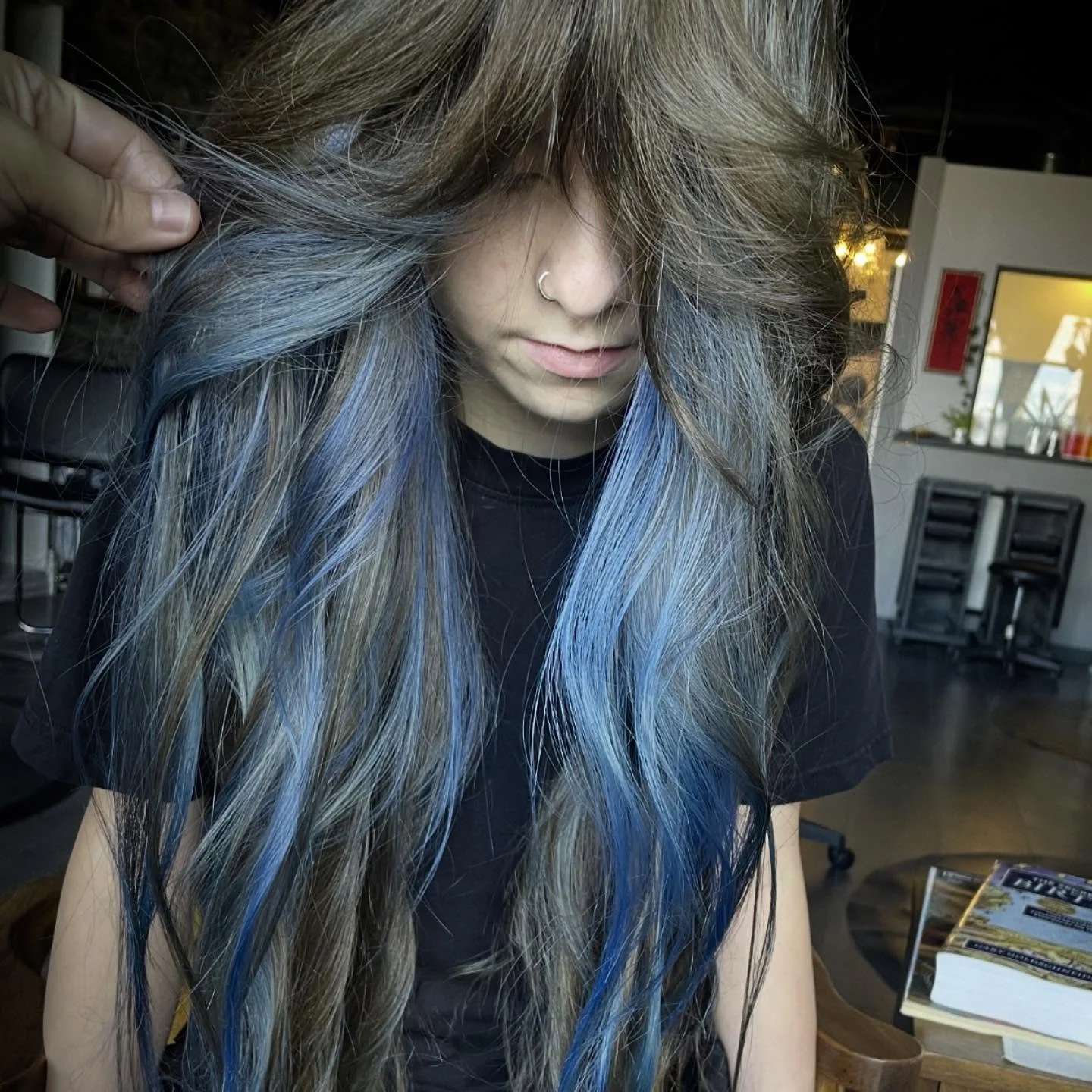 Crystal Blue Persuasion 
First time haircolour done right. Her hair was so long I couldn’t even fit it all in a photo. 
Full head foilyage
Bottle Blonde + 20/30vol 
Pretoned with liquid Demi 
Equal parts 9.77 + 9.1 +6.5vol liquid 
Blue ton