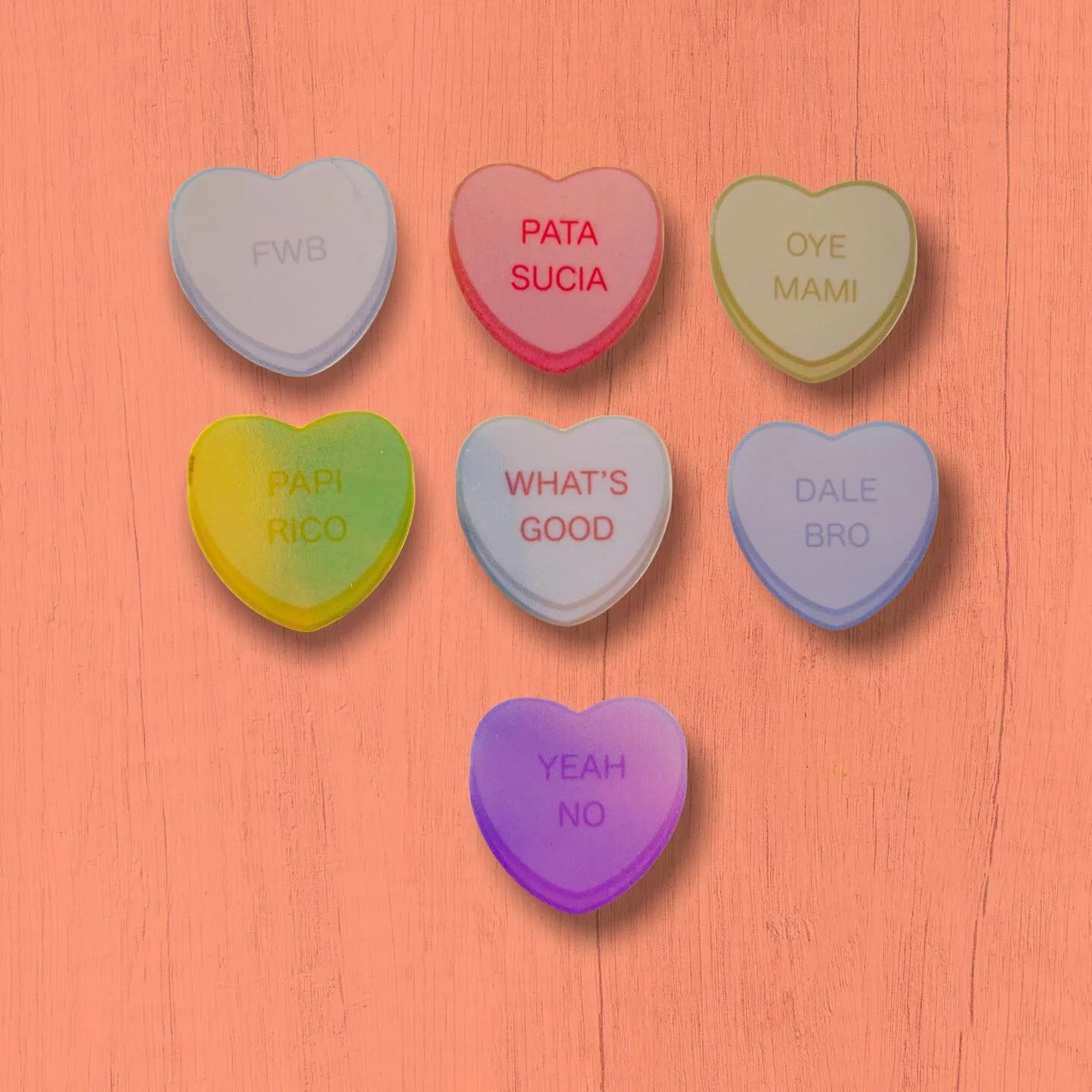 Iridescent Miami Conversation Heart stickers going live on the website! #305 #miami #conversationhearts #patasucia #305miami #305day #miamistickers