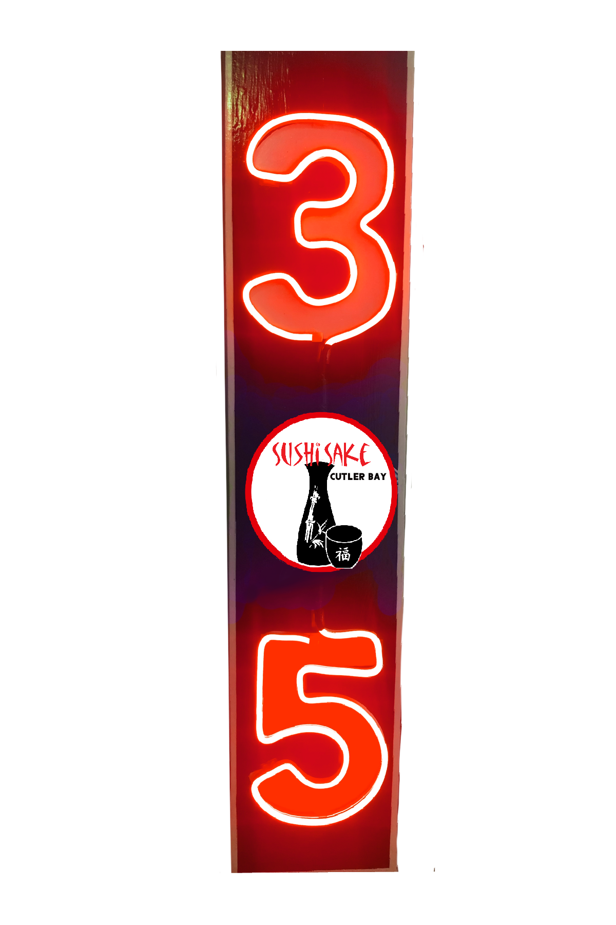 Vertical red neon sign displaying the numbers 3 and 5 with a circular logo for Sushi Sake, a restaurant located in Cutler Bay, featuring Japanese elements.