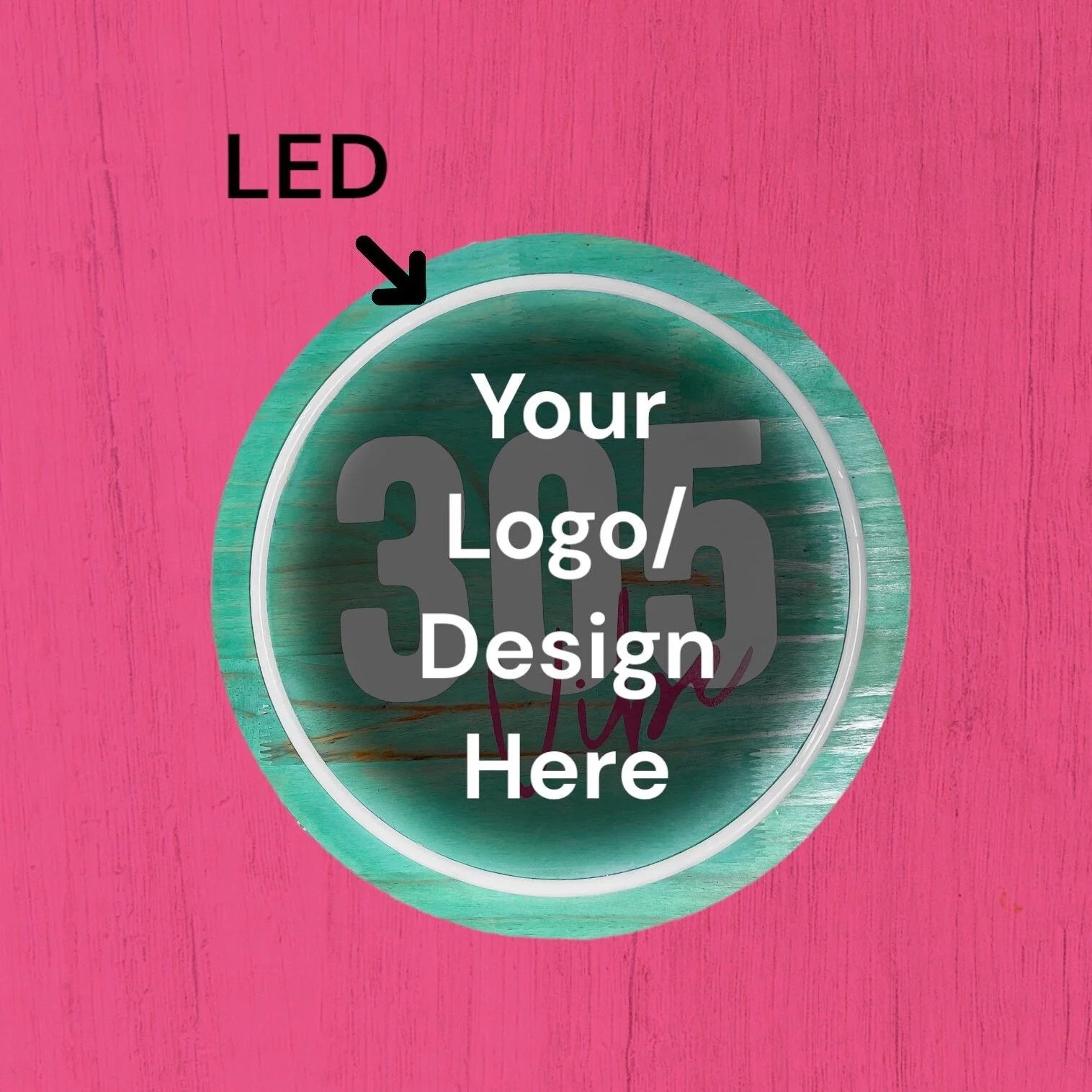 Decorative round clock with neon LED border on a pink wooden background, displaying placeholder text for logo and design customization.