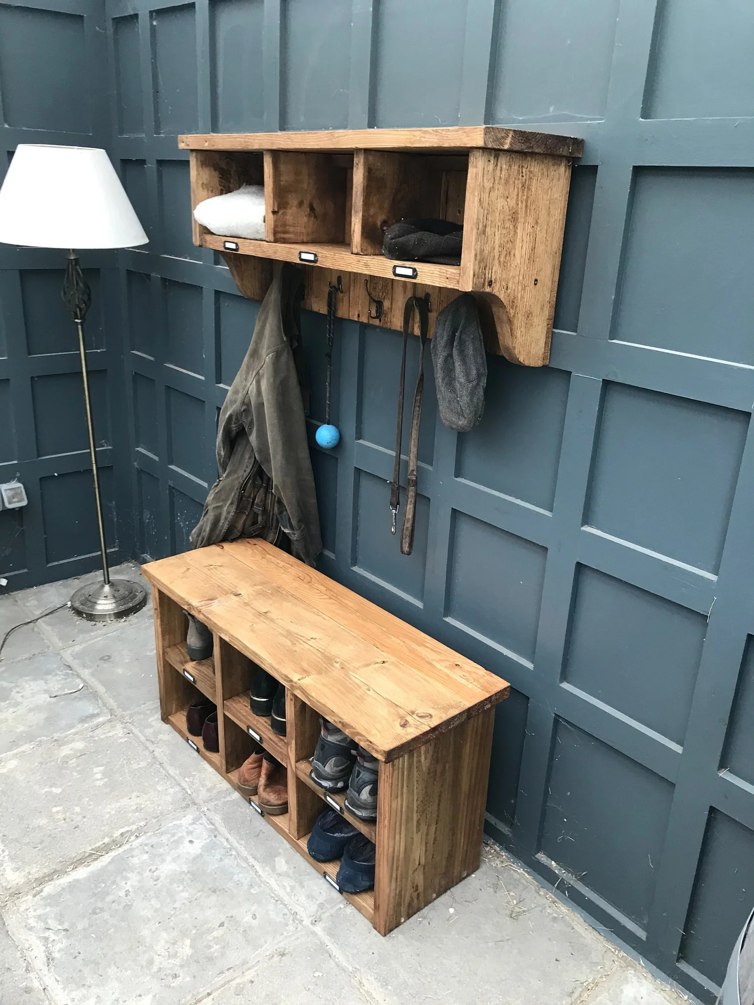Solid wood shoe bench and coat rack shelf with cubby holes