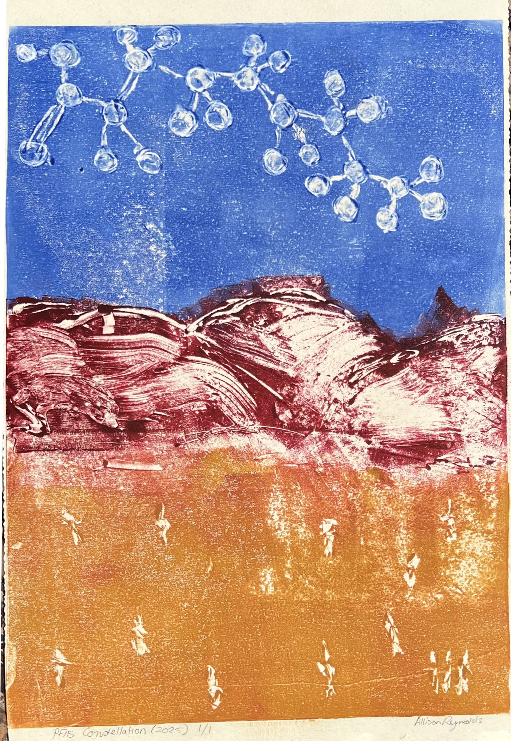 Allison Reynolds (AU), 'Constellation PFAS', 2025, monoprint on paper, 30 x 44cm