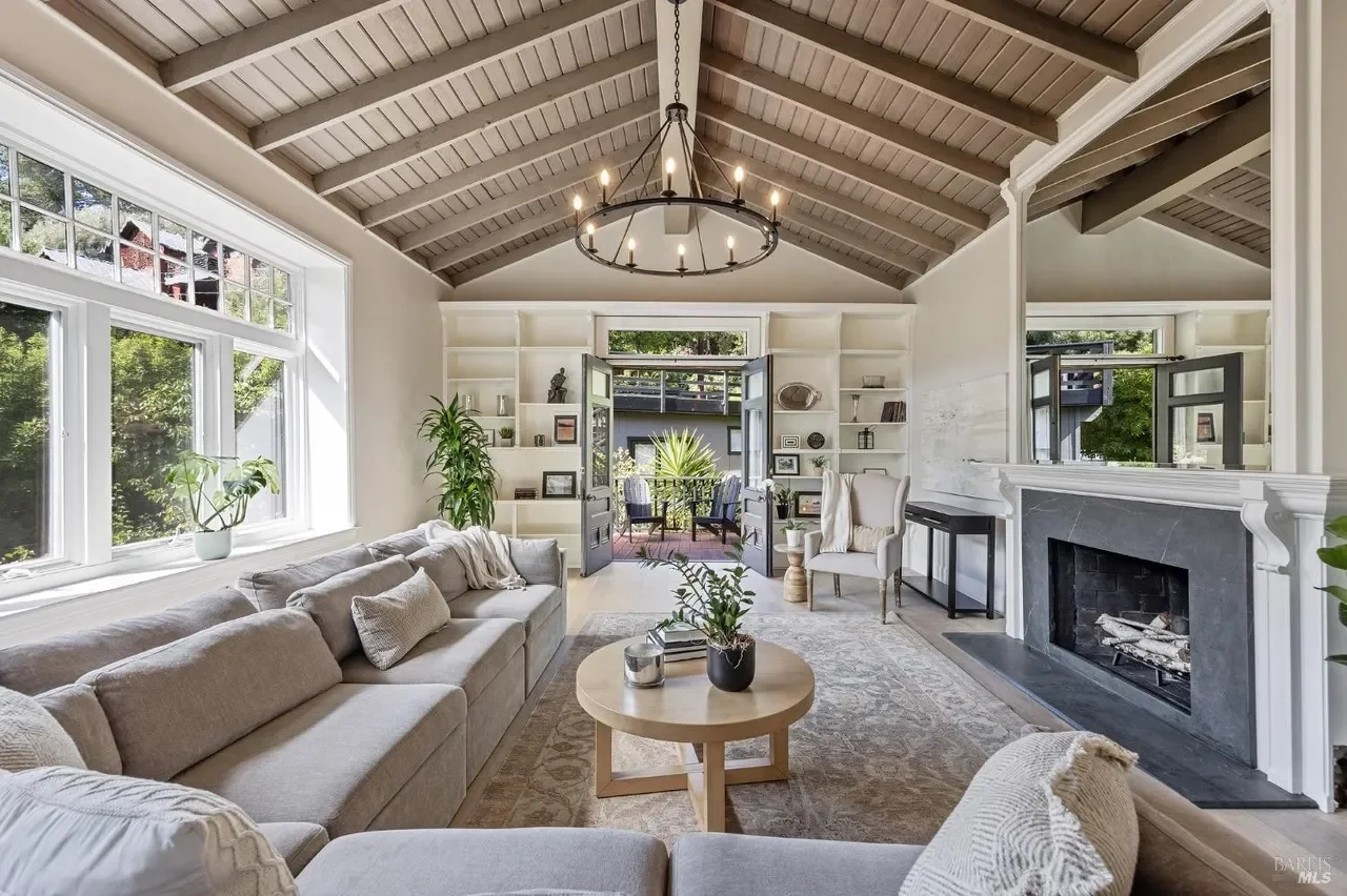 Beautiful vintage home on Hillside in Mill Valley with open beam ceilings and views of downtown Mill Valley.