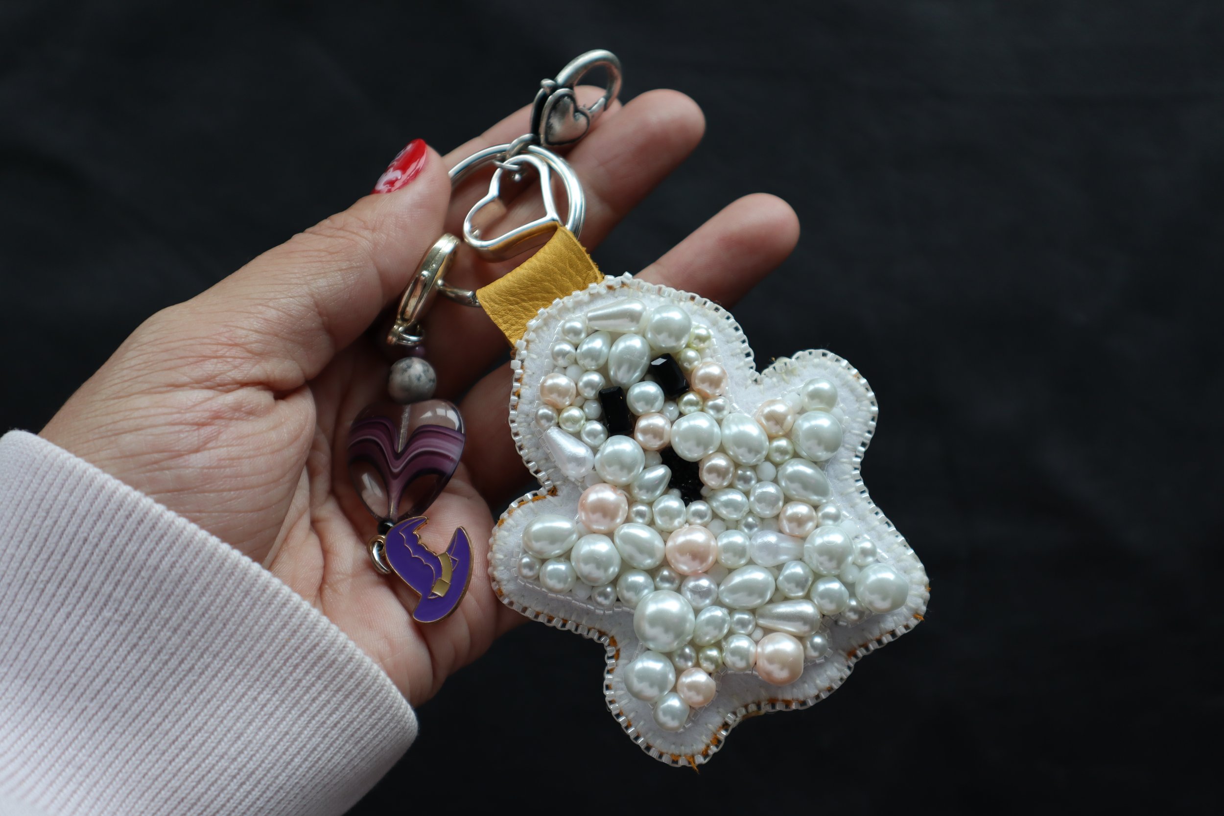 Bling Beaded Ghost Keychain + purple hat charm
