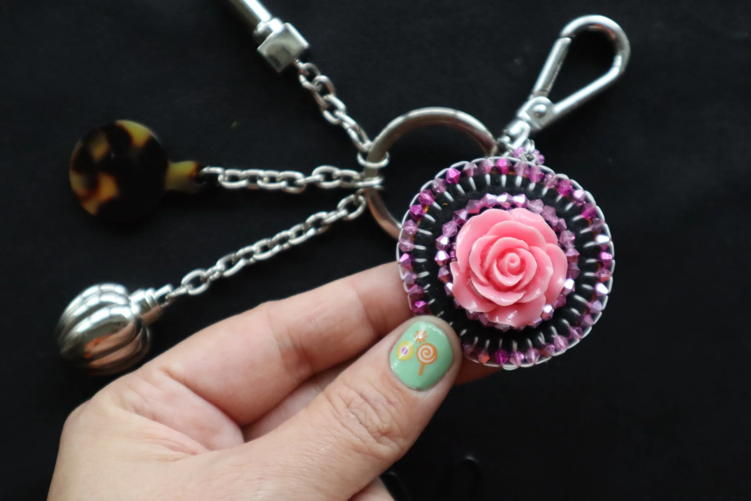 Pink Flower Beaded Keychain