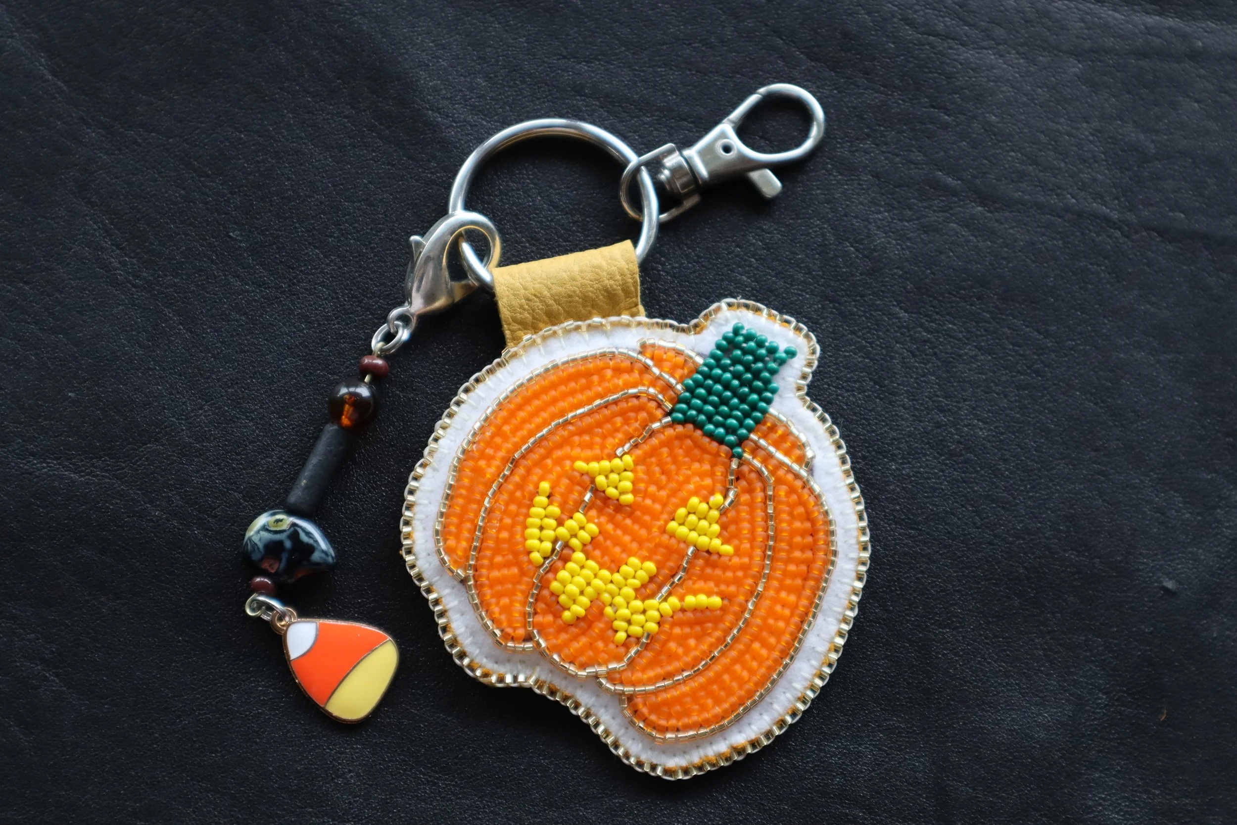 Golden Beaded Pumpkin Keychain + candy corn charm