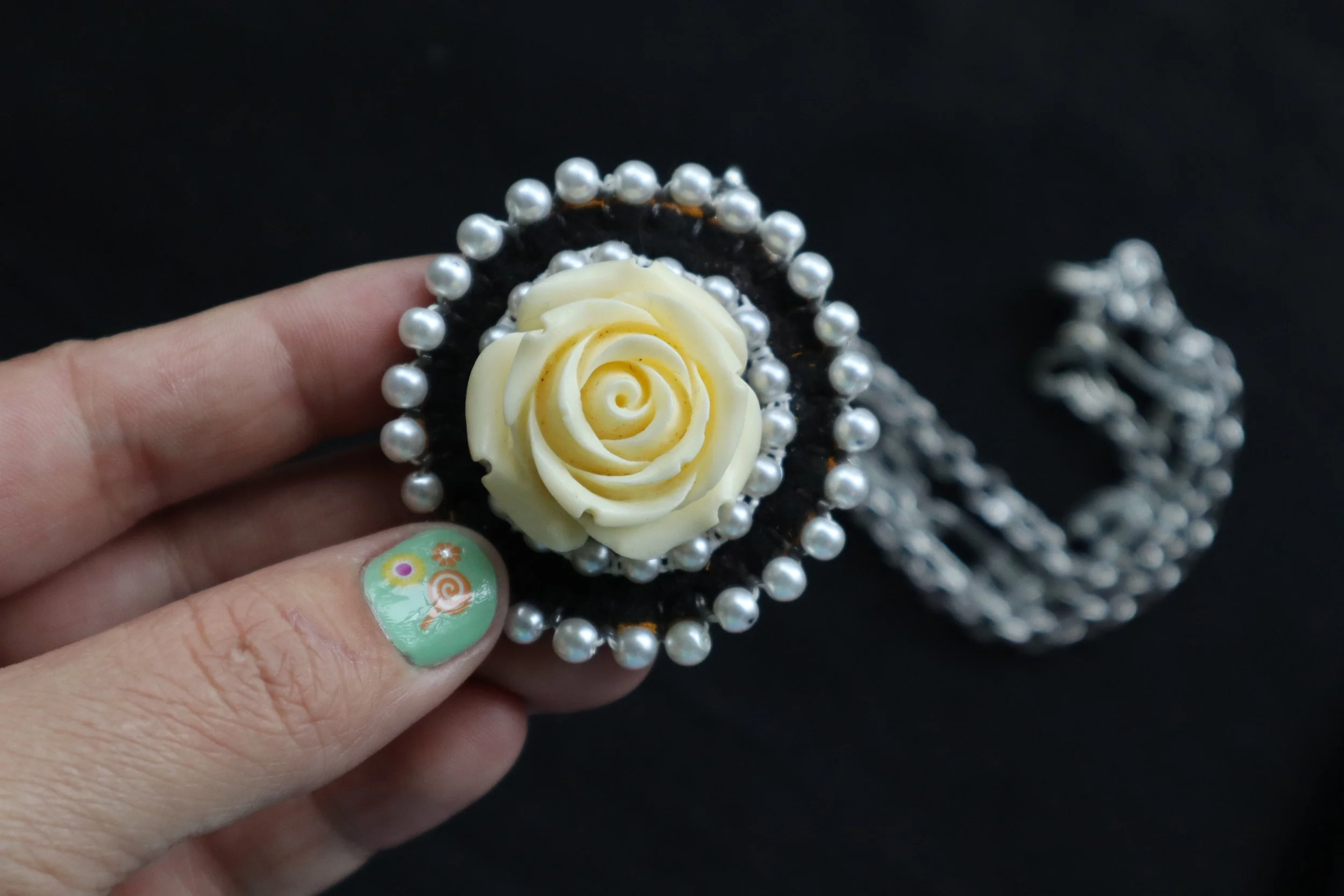 White Rose Charm + Thrifted Silver Chain