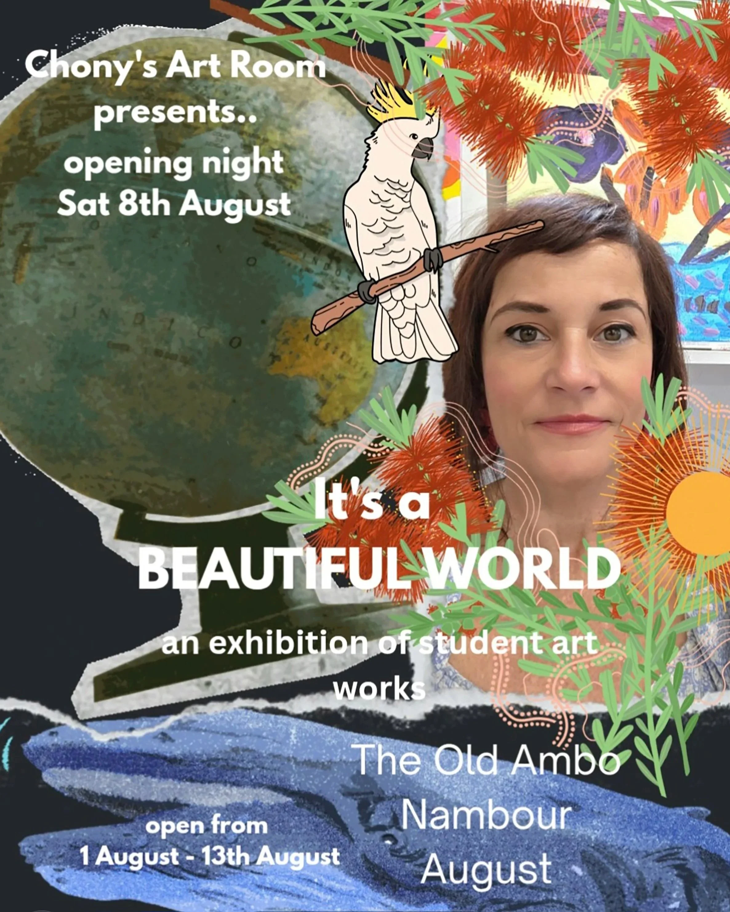 collage image with heading chony's art room oresents......opening night sat 8th August