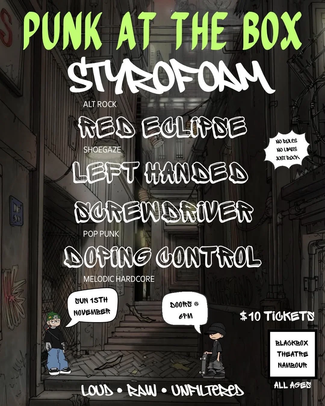 Live Music Poster in black and grey with Punk at The Box in fluro green as title