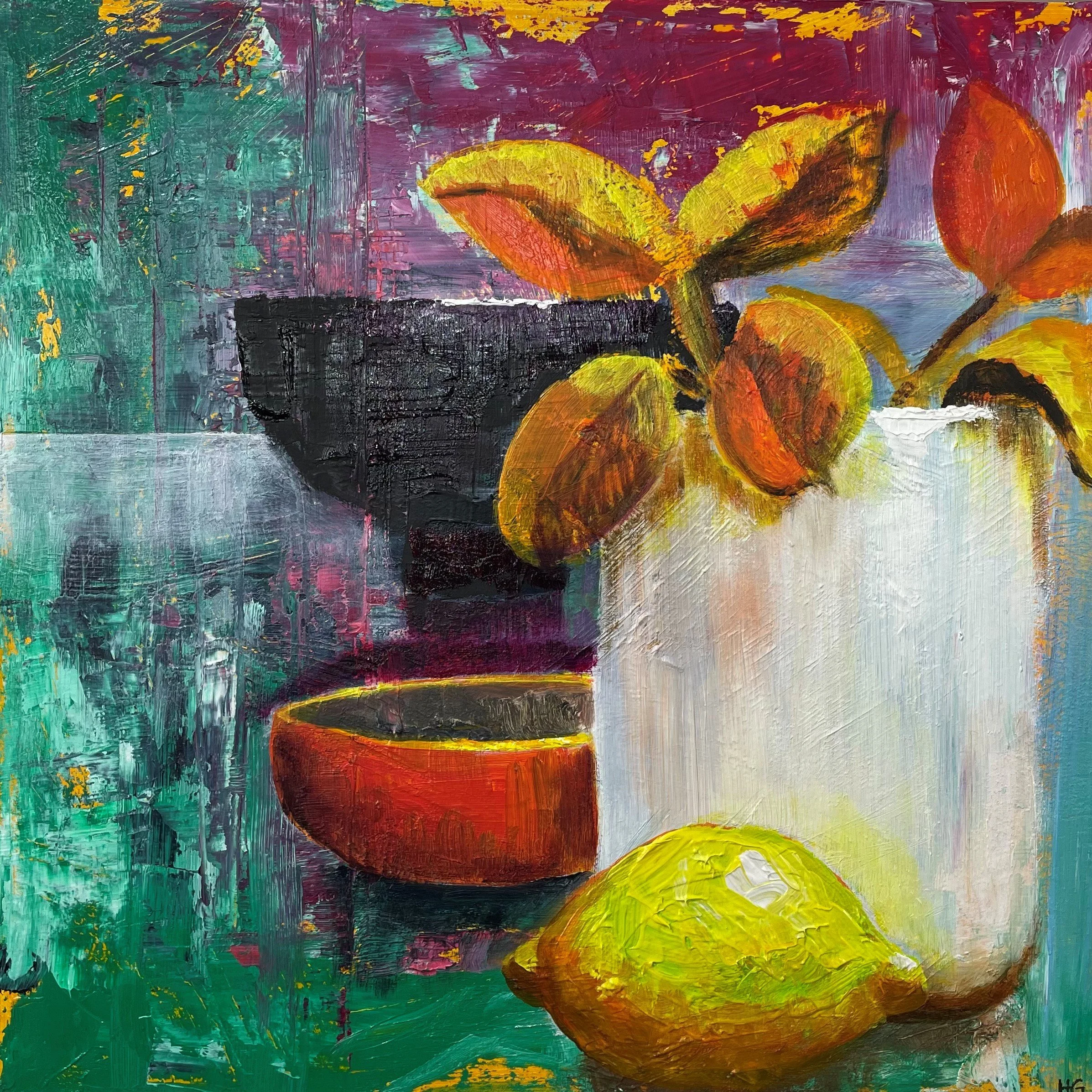 Potted Plant with Lemon, 12x12ins, oil on board - SOLD