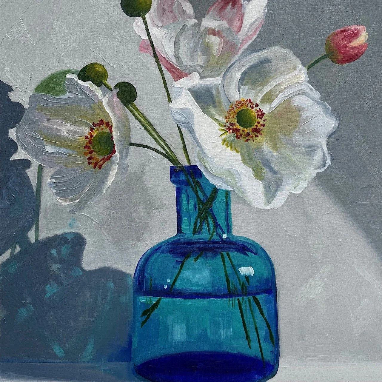 Anemones & Blue Bottle, 12x12ins, oil on board - AVAILABLE