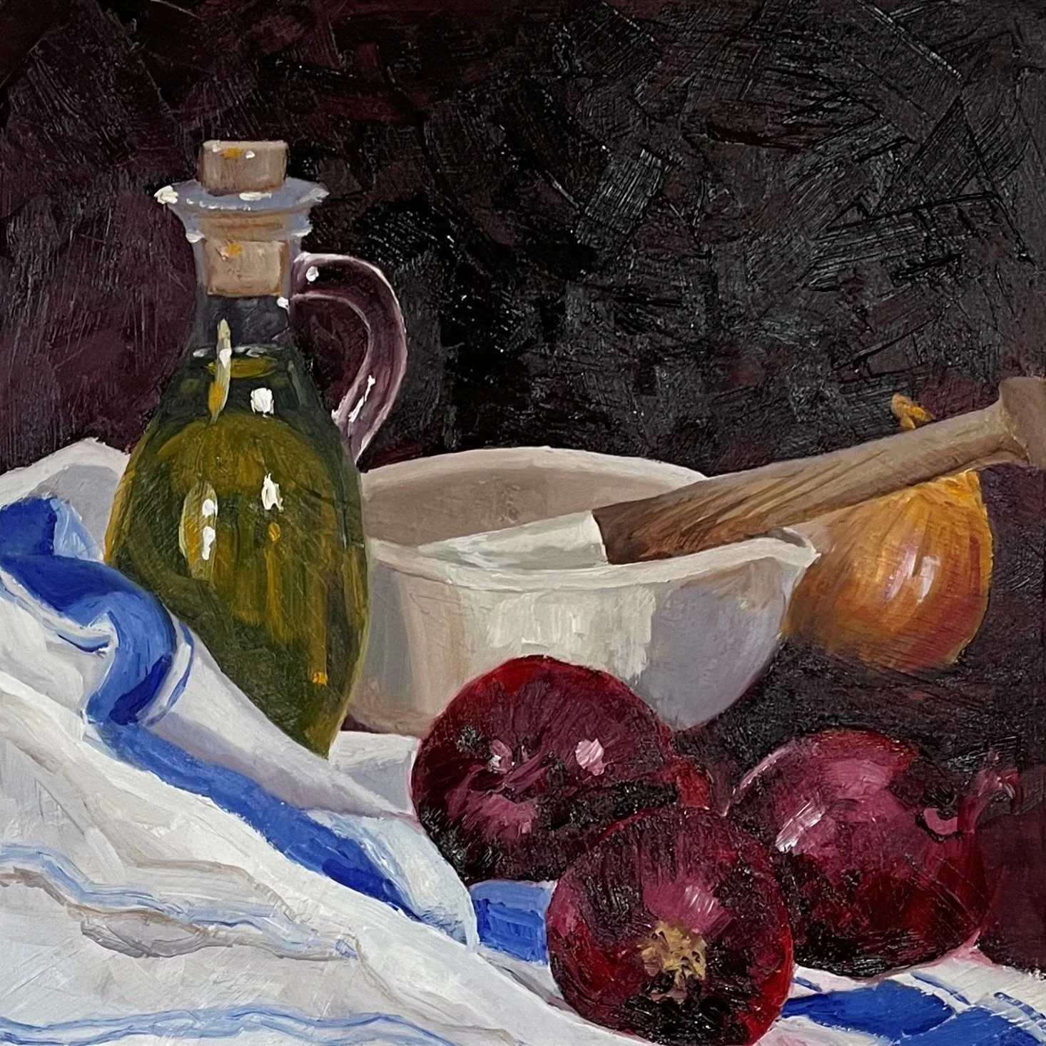 Red Onions and Olive Oil, 12x12ins, oil on panel - SOLD
