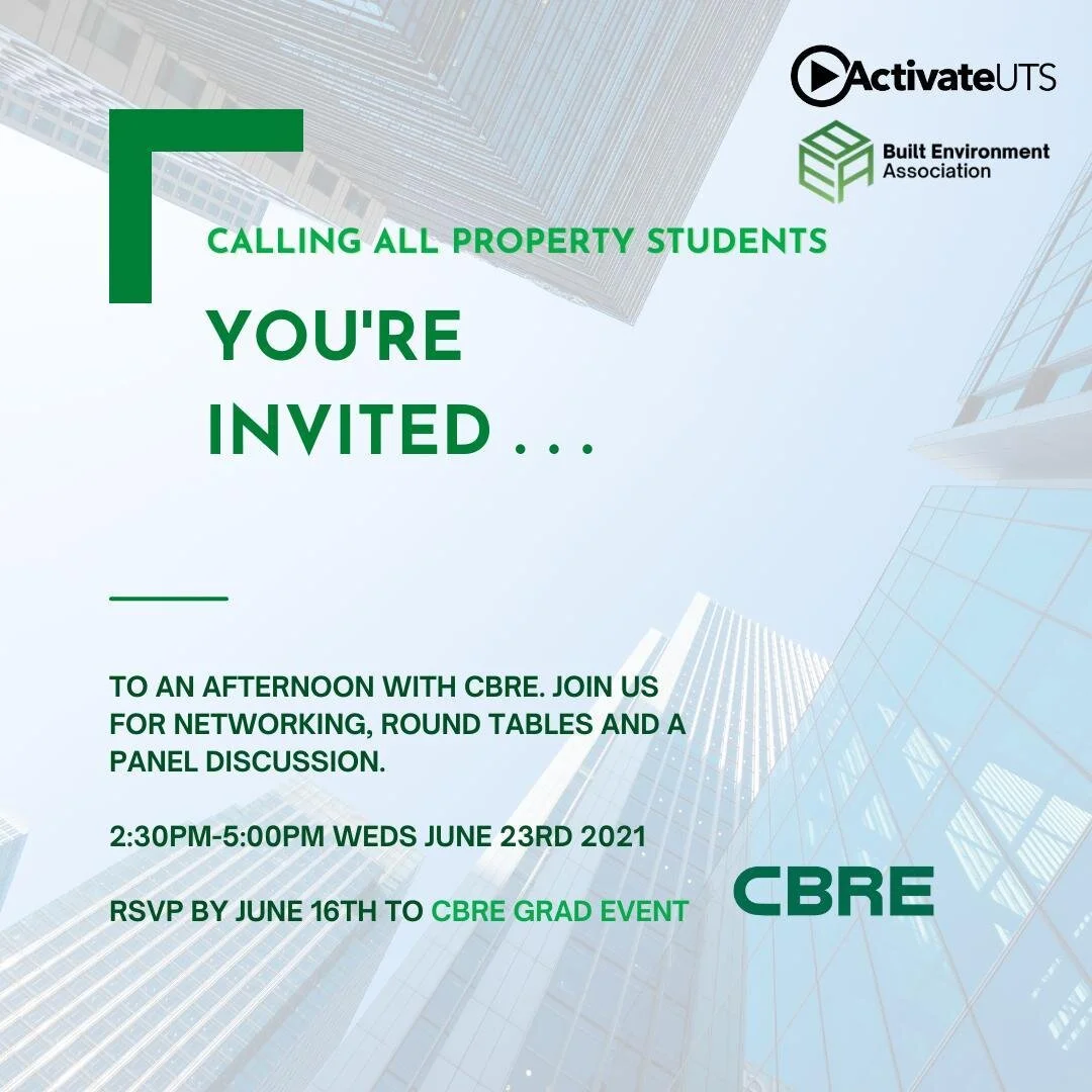 🚨UPDATE - CBRE has given us an extra 10 tickets!!!! 🚨

30 lucky UTS students will now have the exciting opportunity to head over to CBRE Head Office and develop their new graduate program! Students will be provided a short networking session as wel