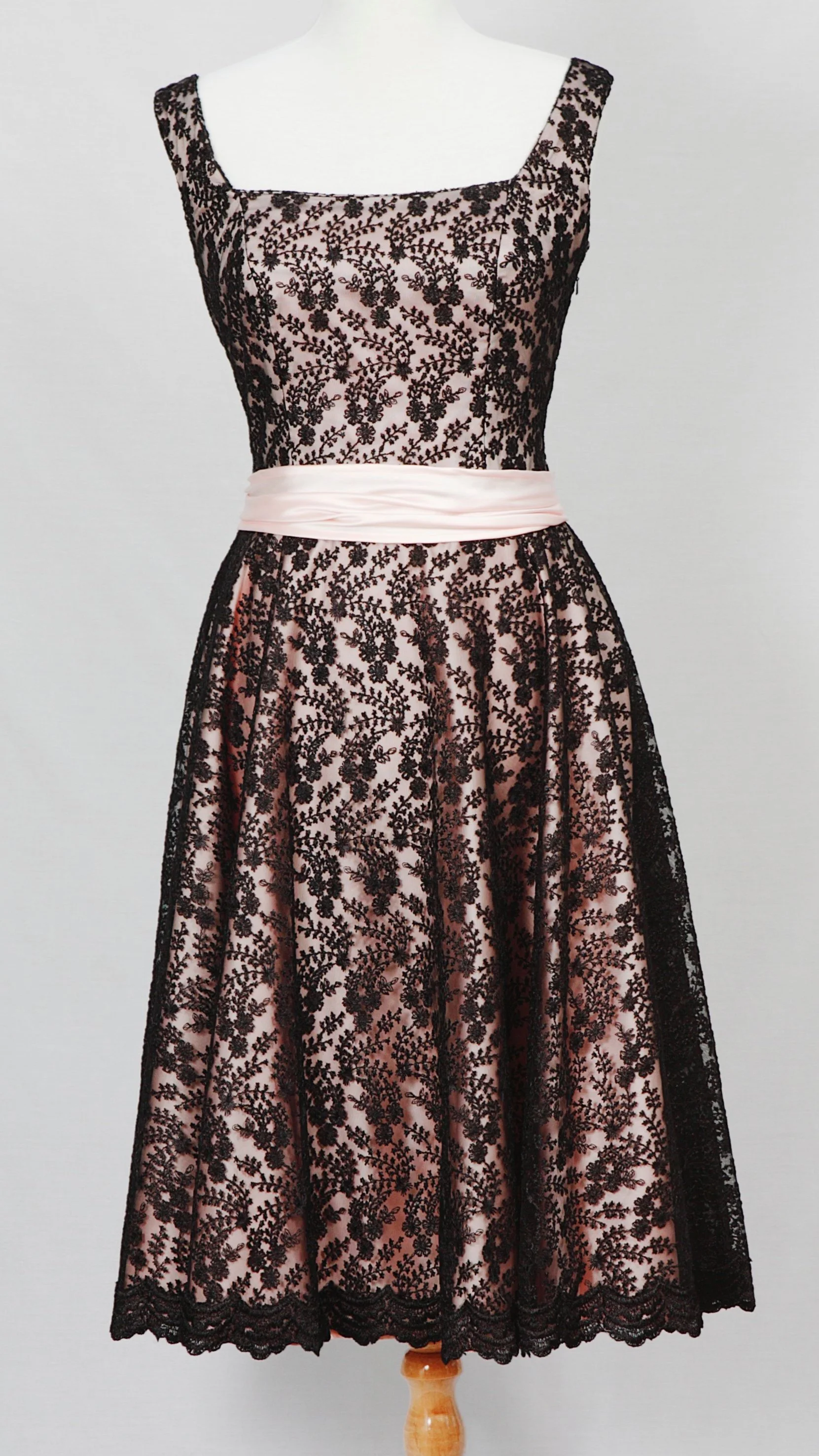bardot classic 50s style full midi dress black lace pink satin