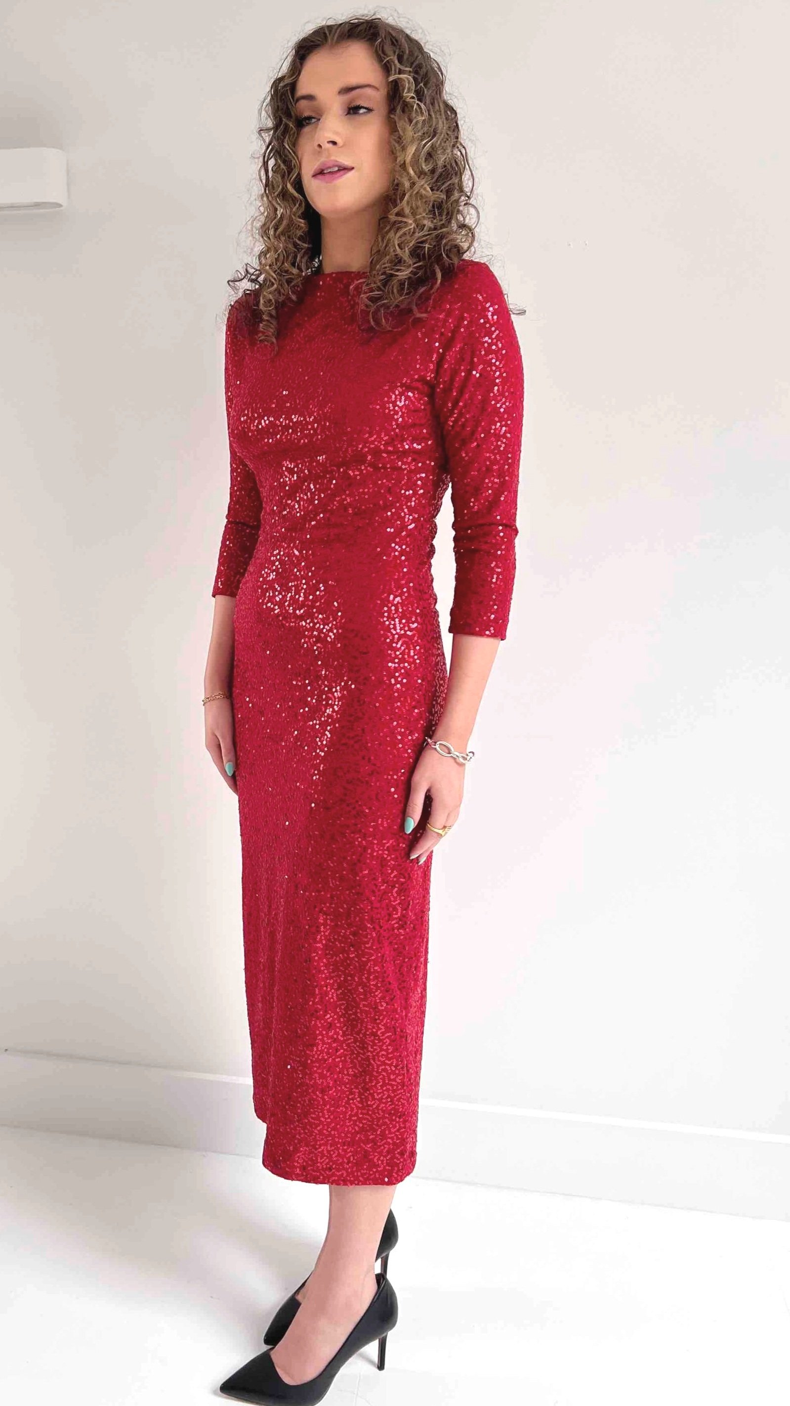 Slash-neck jersey midi dress red sequin
