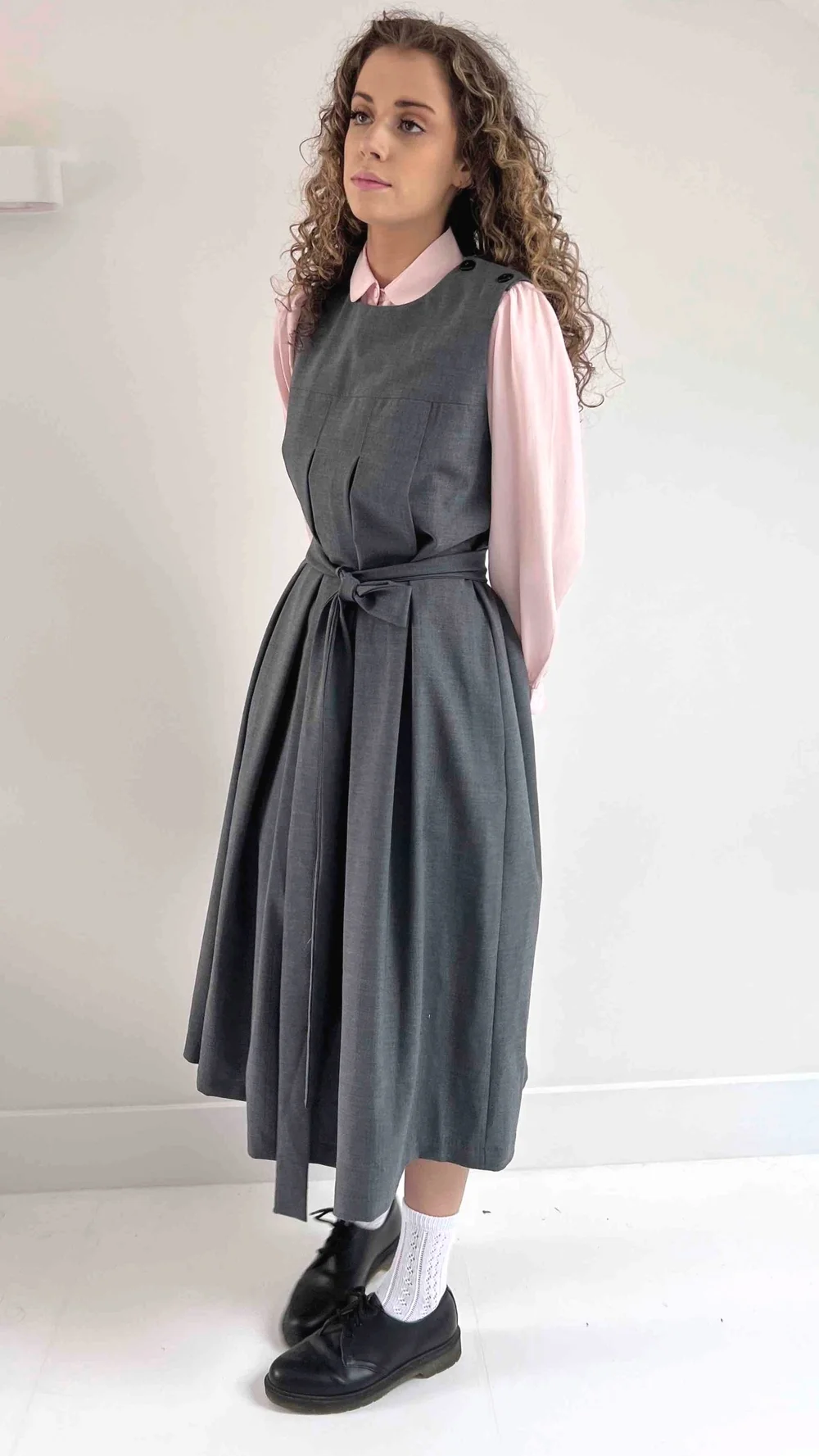 Traditional Wide Pleated Pinafore: Vintage-Inspired Elegance in Wool Mix -  perfect stylish workwear  Fenella Finlay
