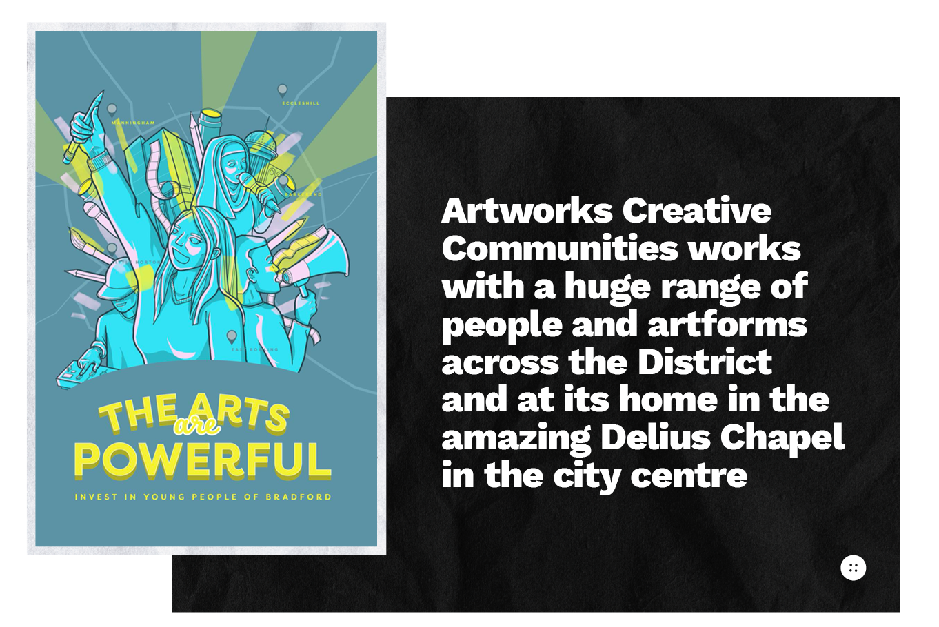  Artworks Creative Communities works with a huge range of people and artforms across the district and at its home in the amazing Delius Chapel in the city centre. 