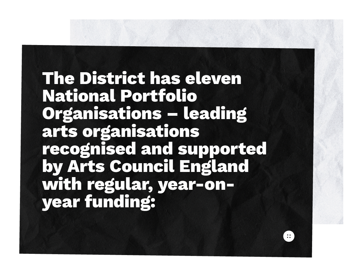  The District has eleven National Portfolio Organisations – leading arts organisations recognised and supported by Arts Council England with regular, year-on-year funding:     An illustrated poster with young people using a megaphone, holding pencils