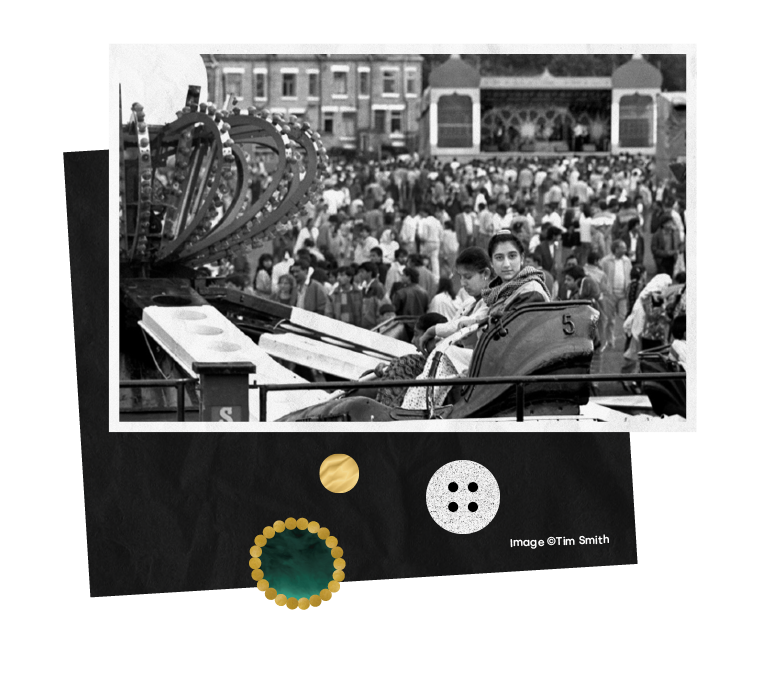  A black and white image of young girls sitting in the car of a fairground ride at Bradford festival and Mela and an image of young people in silhoutte playing in the water in City Pool at sunset 