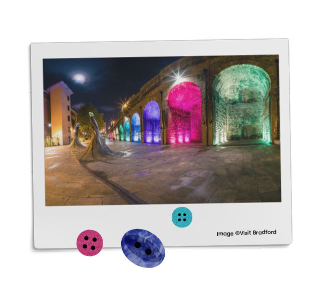  a night time image of public art work and brightly illuminated railway arches at Foster Square station in Bradford alternating with a full length portrait photo of a young man enjoying a walk in a wood in the Bradford countryside carrying a small ch