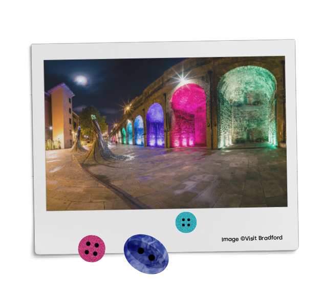  a night time image of public art work and brightly illuminated railway arches at Foster Square station in Bradford alternating with a full length portrait photo of a young man enjoying a walk in a wood in the Bradford countryside carrying a small ch