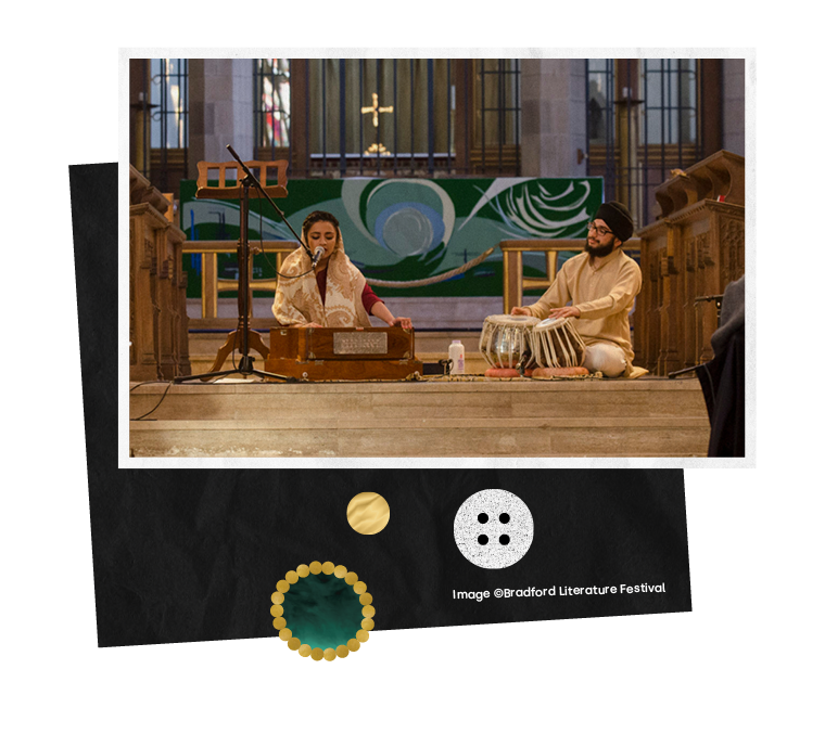  A singer and musician sit on a stage performing islamic music in Bradford cathedral and an image of young people paddling and playing in the City Pool with Bradford City Hall in the background 