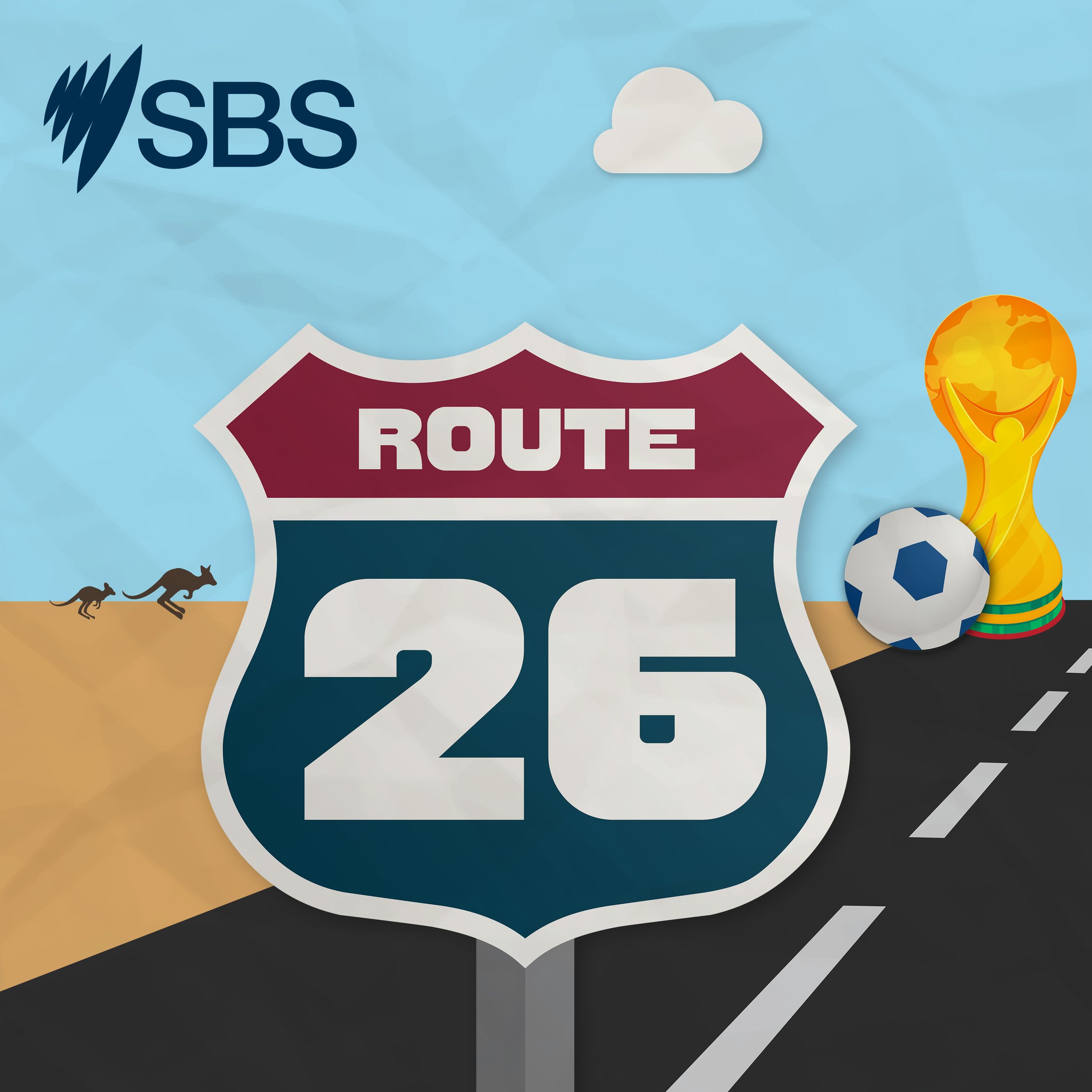 Graphic image: road sign with words "Route 26" on it, background: a road, kangaroos crossing, a soccer the the FIFA World Cup trophy
